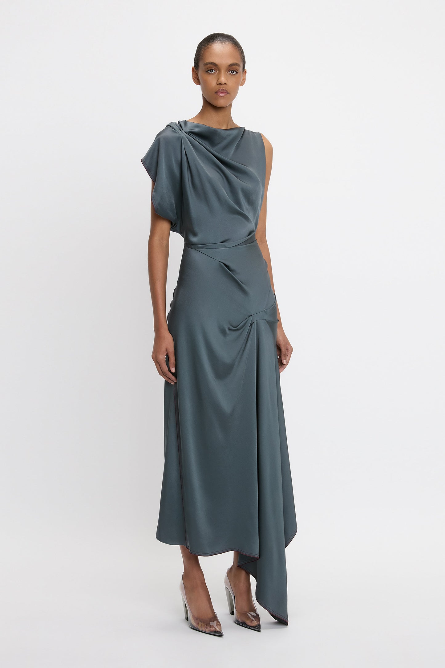 Asymmetric Draped Detail Midi Dress In Graphite