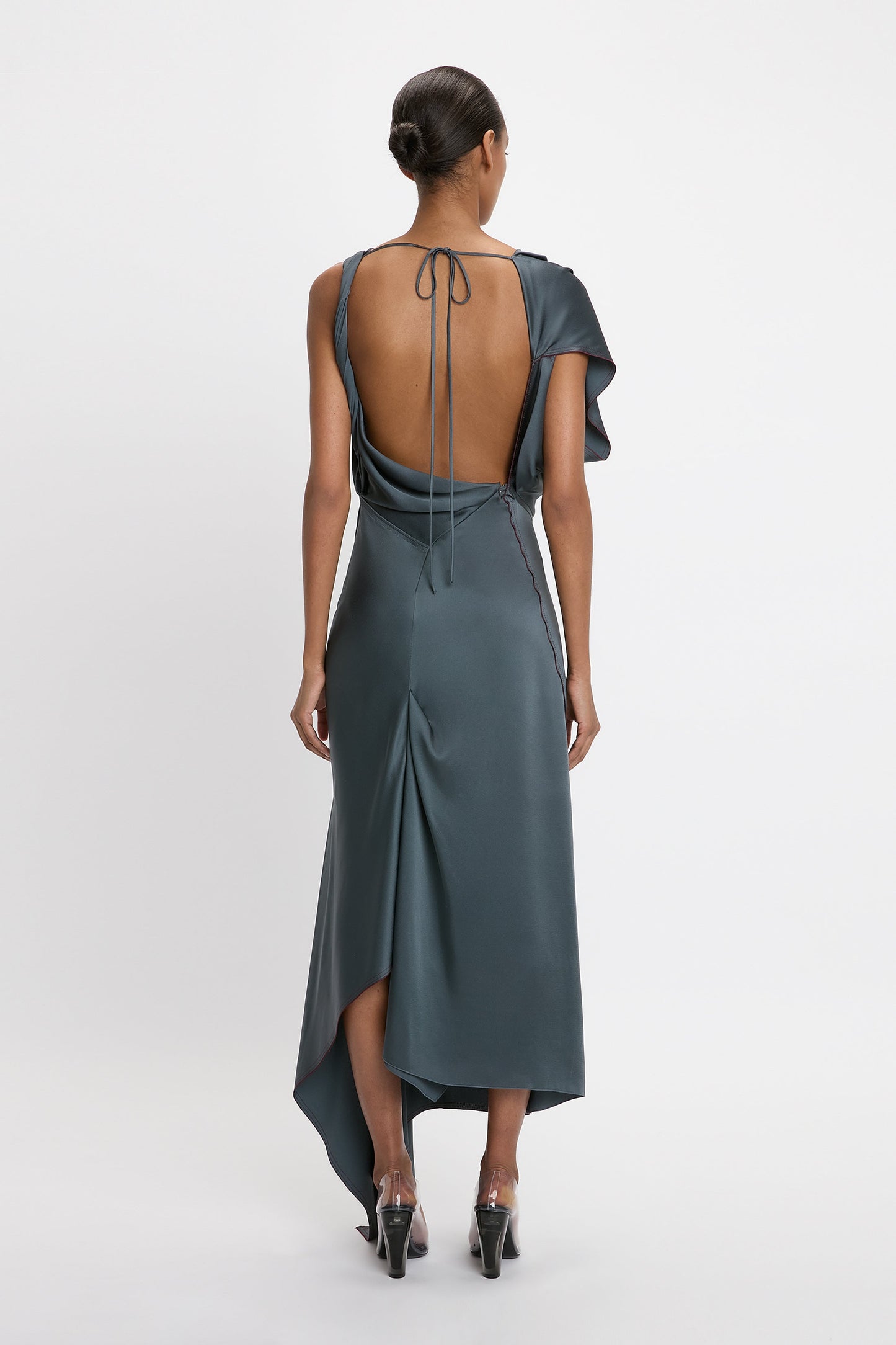 Asymmetric Draped Detail Midi Dress In Graphite