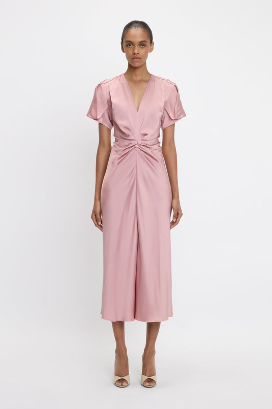 Gathered V-Neck Midi Dress In Peony