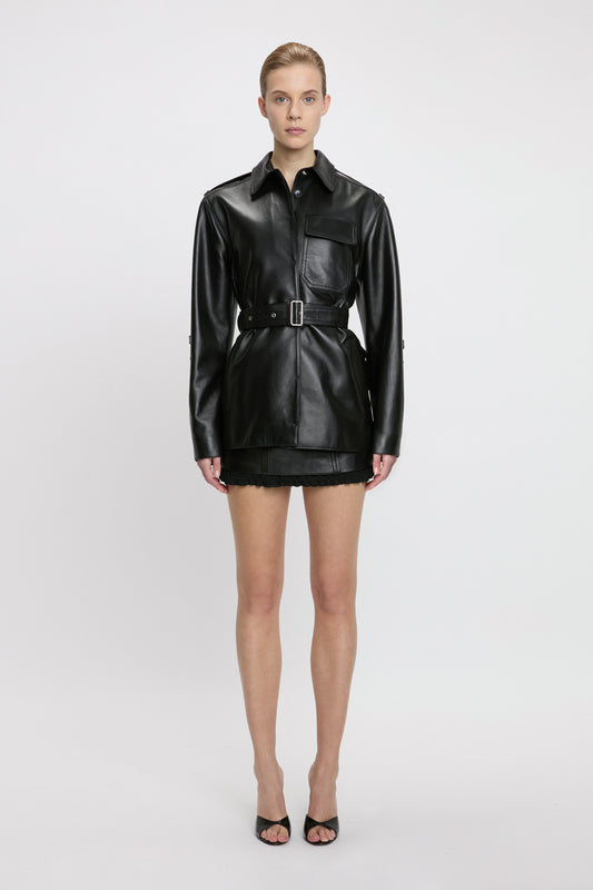 Belted Boxy Leather Jacket In Black