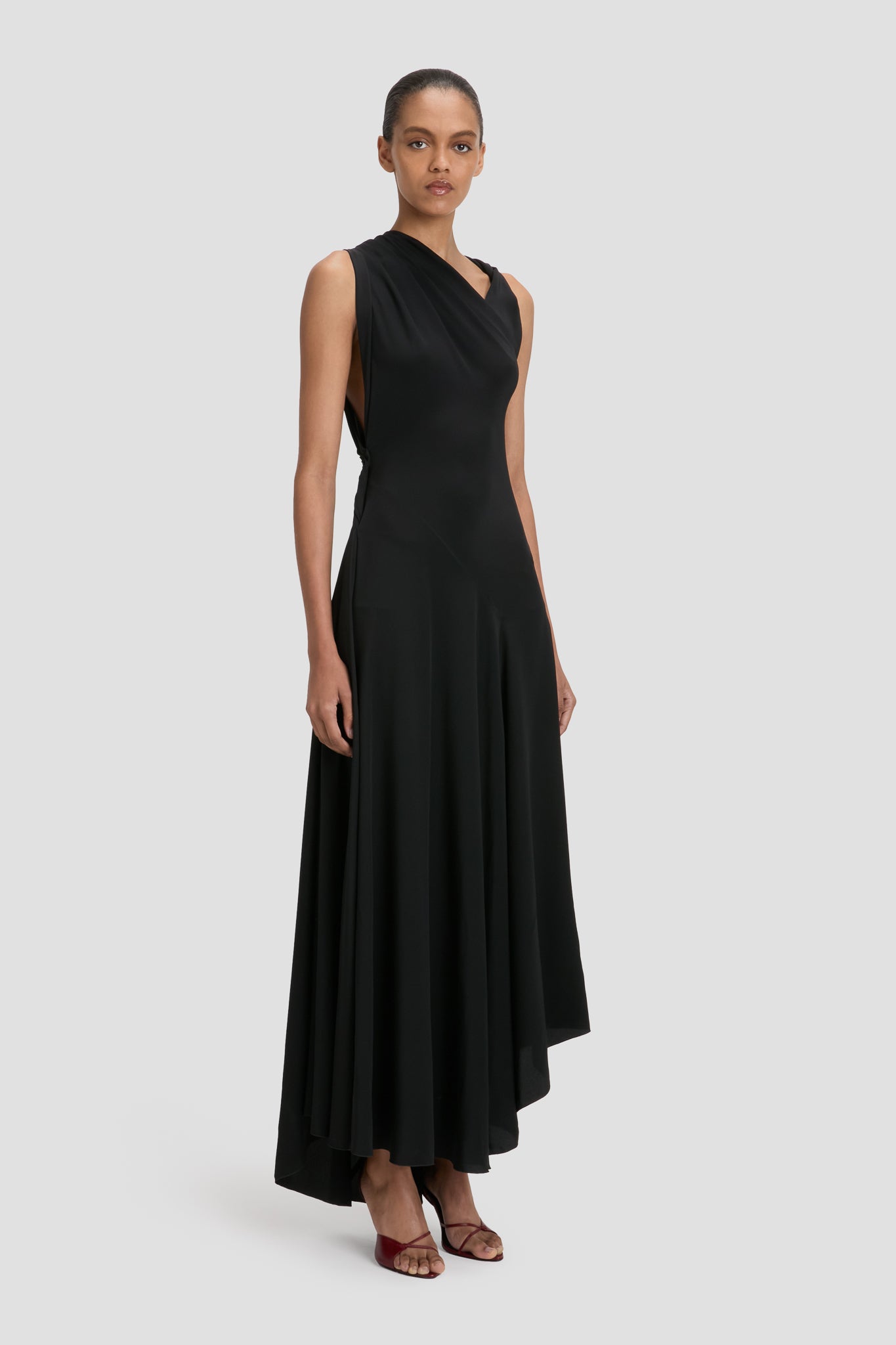 Sleeveless Draped Midi Dress In Black | Designer Dresses