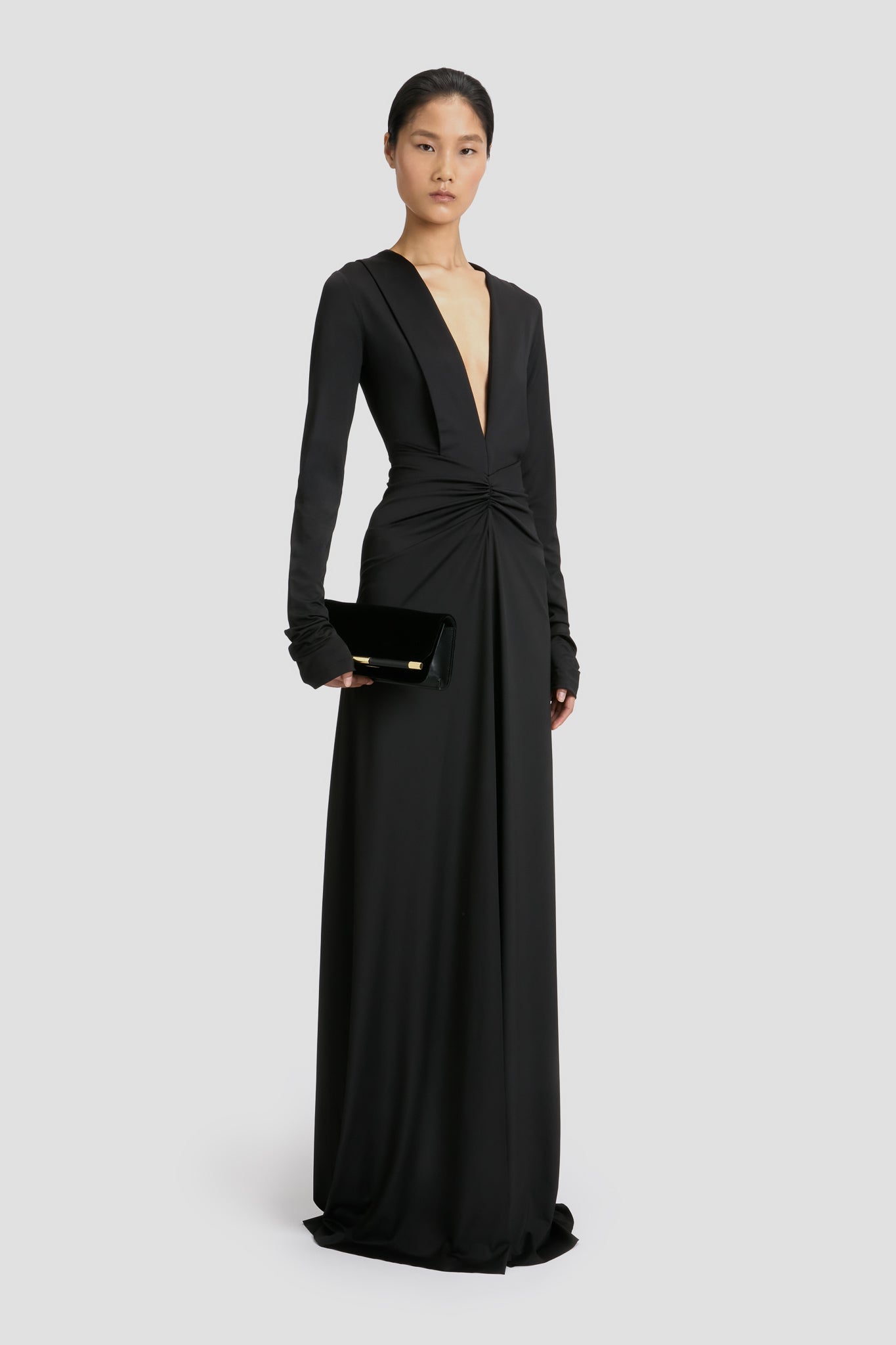 Long Sleeve Deep V-Neck Gown In Black – Victoria Beckham Inc