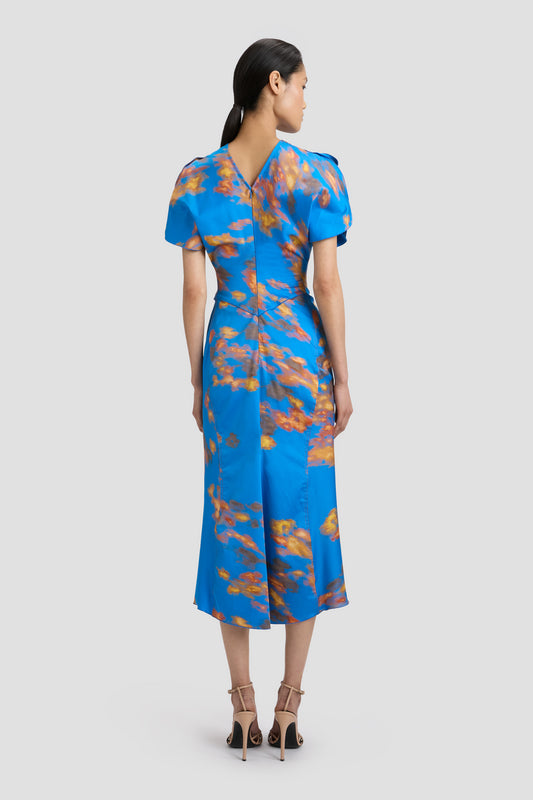 Folded Cap Sleeve Midi Dress In Peacock | Designer Dresses