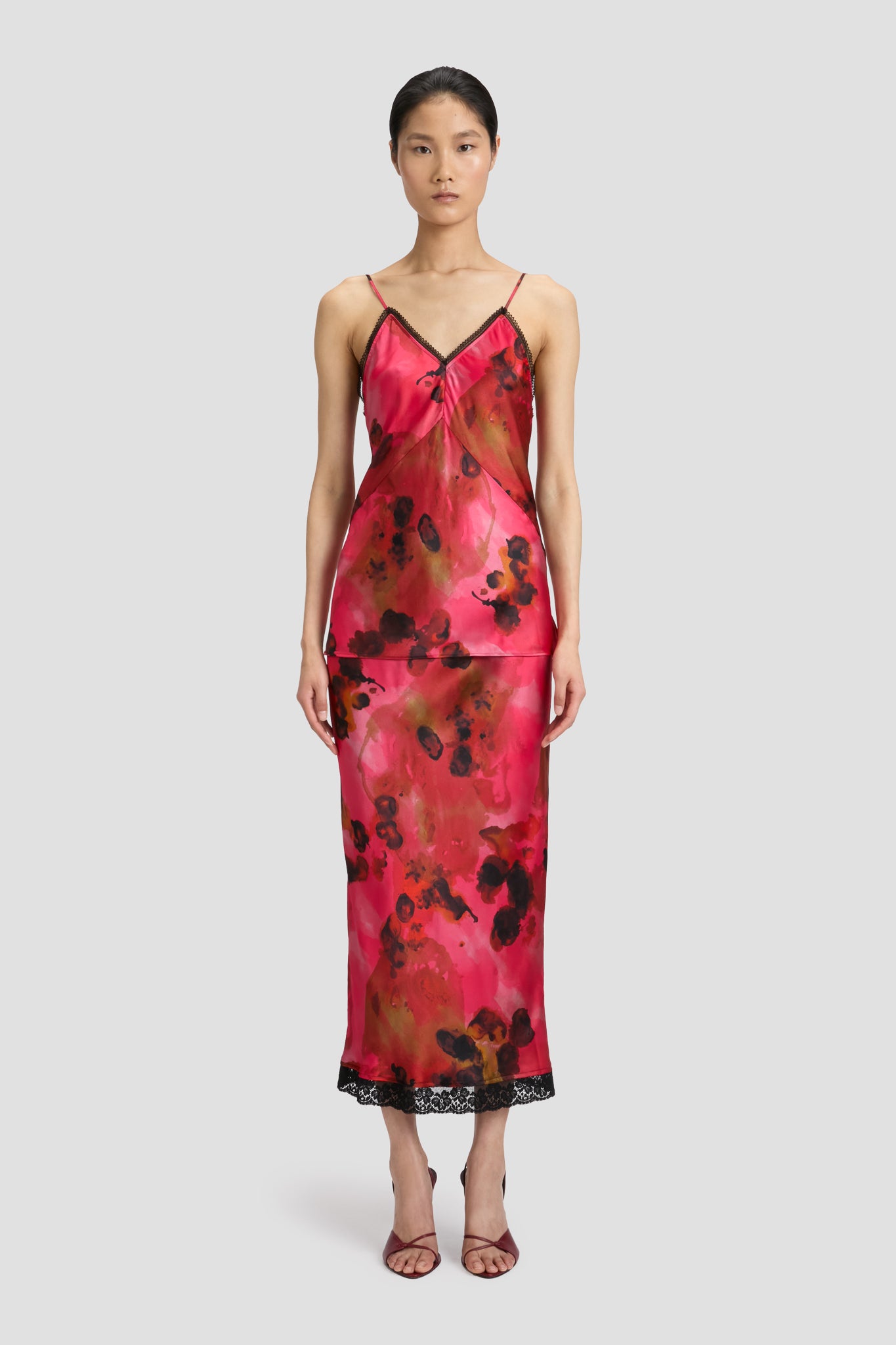 Lace Detail Cami Top In Raspberry Floral Print