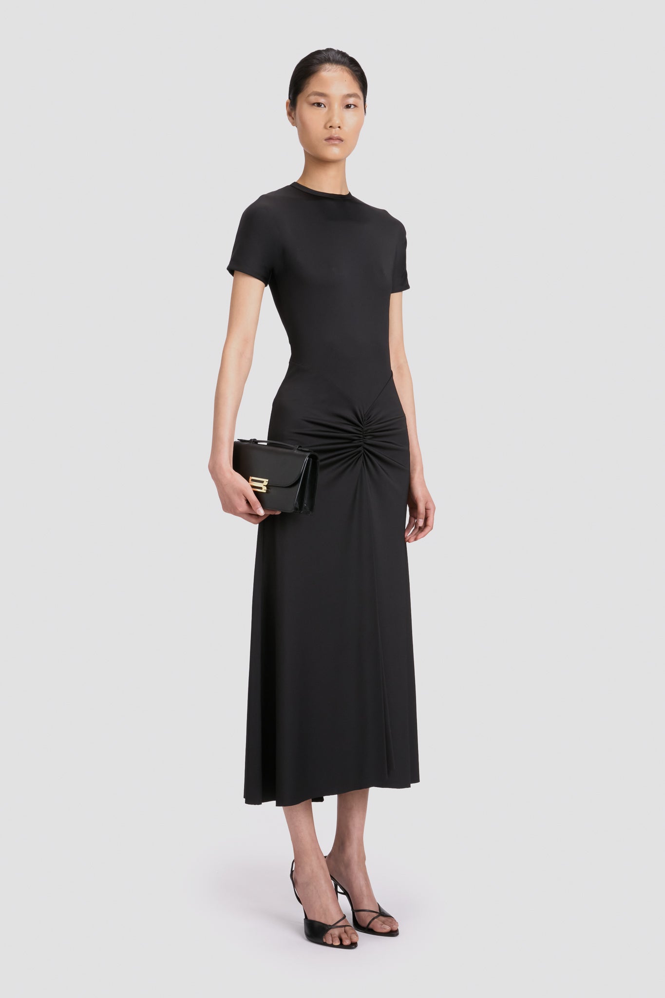 Gathered Waist T-Shirt Midi Dress In Black | Designer