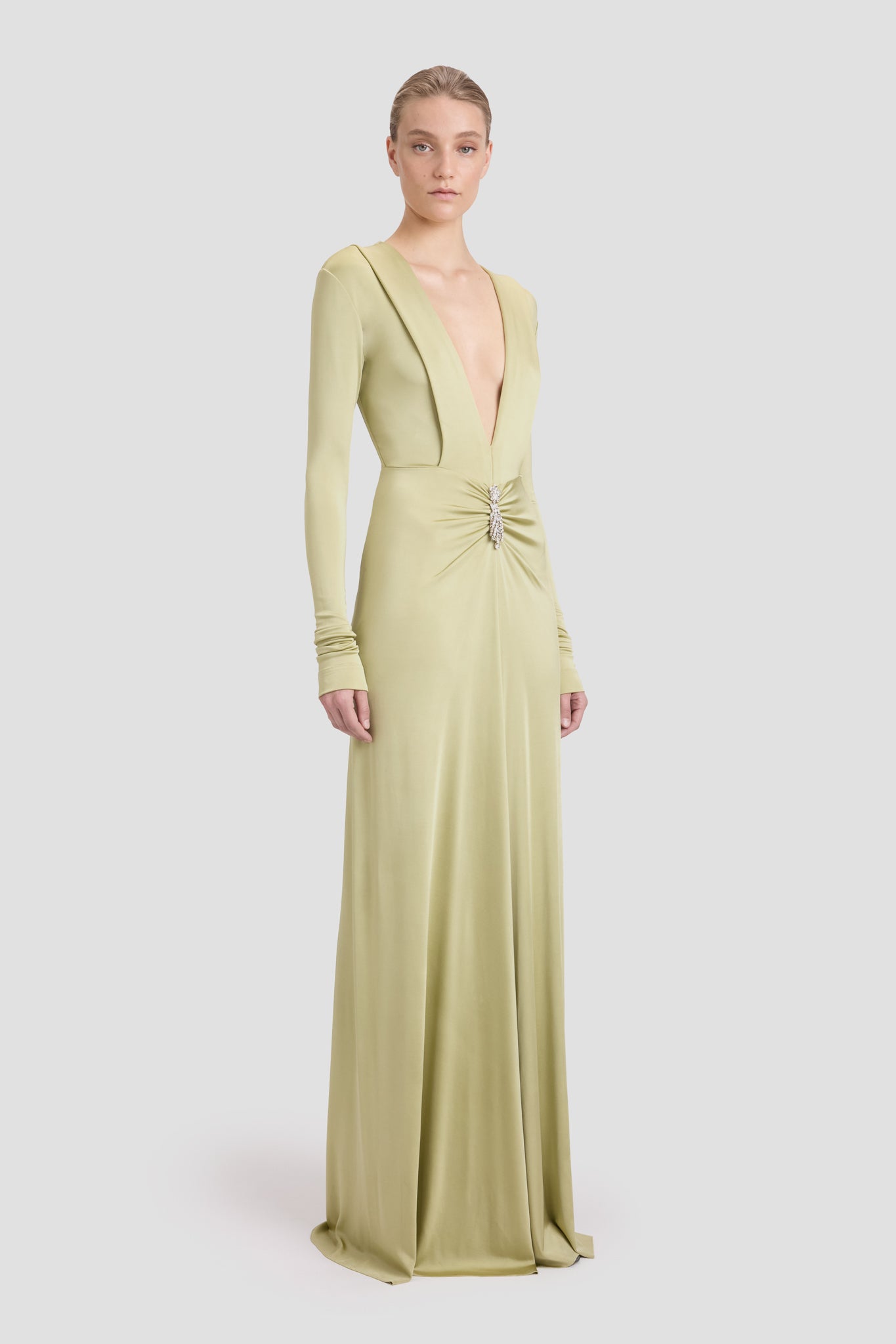 オールインワン・サロペット Victoria Beckham Long Sleeve Deep V-Neck Gown Embellished Long Sleeve Deep V-Neck Gown In Pistachio