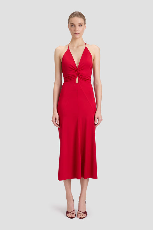 V-Neck Ruched Cami Midi Dress In Rose