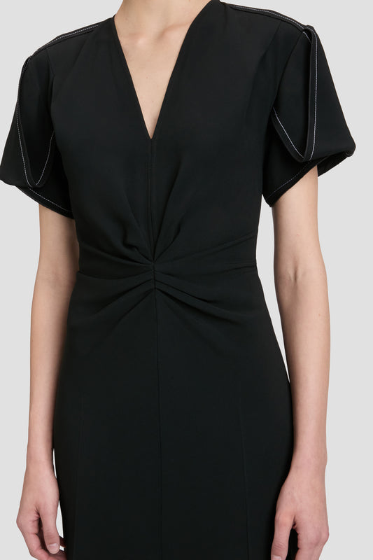 Gathered V-Neck Midi Dress in Black | Designer Dresses