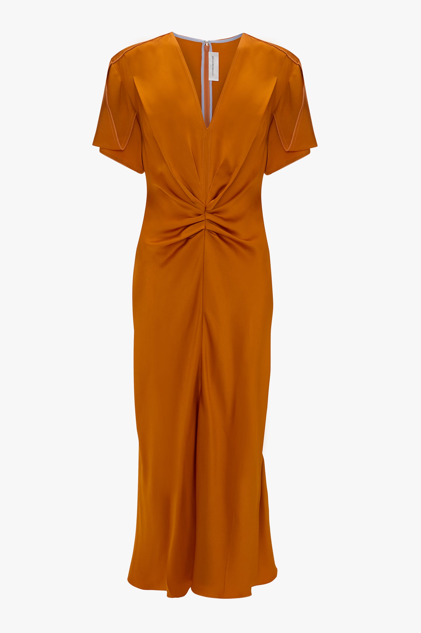 Gathered V-Neck Midi Dress In Sunset Orange | Designer