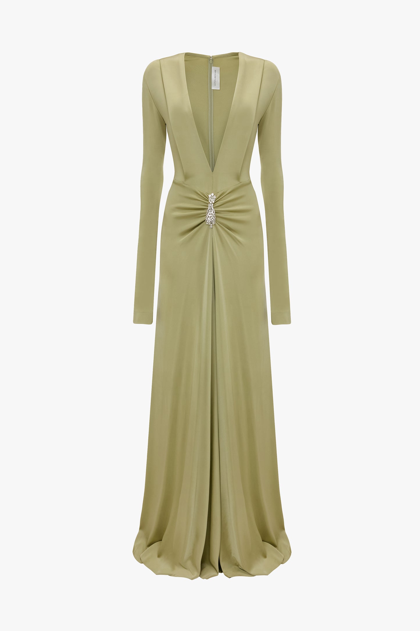 Embellished Long Sleeve Deep V-Neck Gown In Pistachio