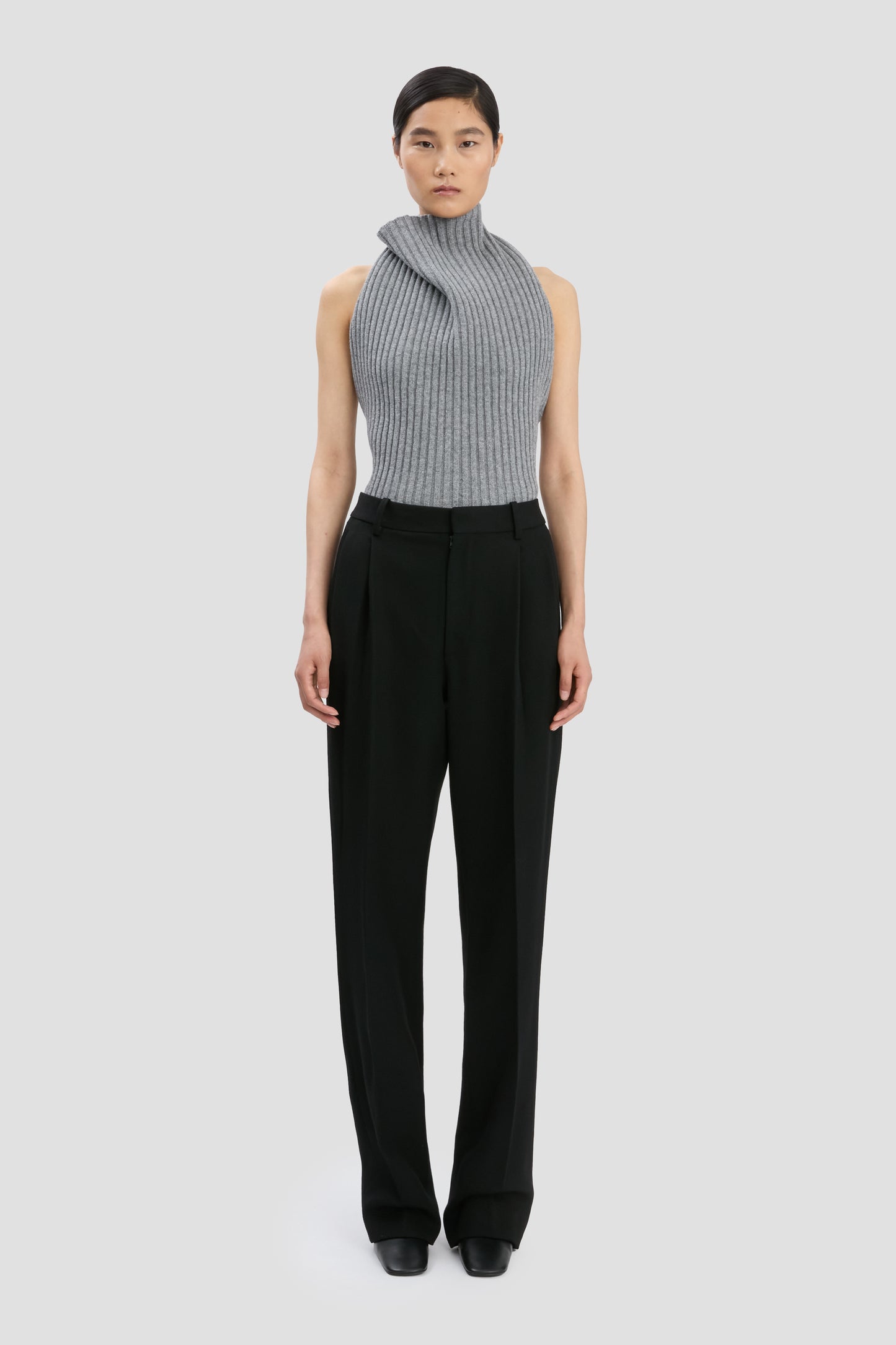 Draped Sleeveless Rib Top In Grey Melange
