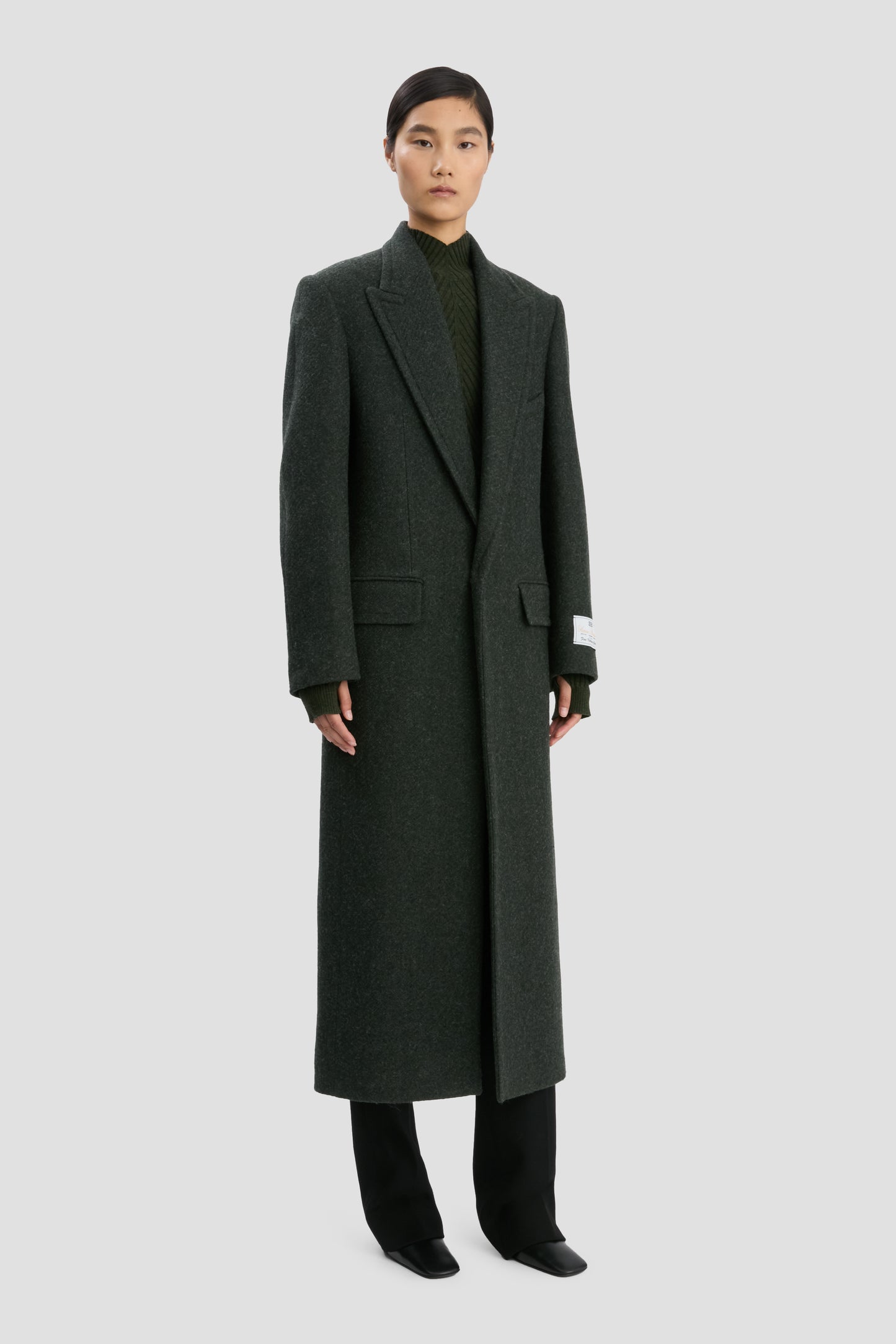 Curved Sleeve Overcoat In Dark Olive Melange