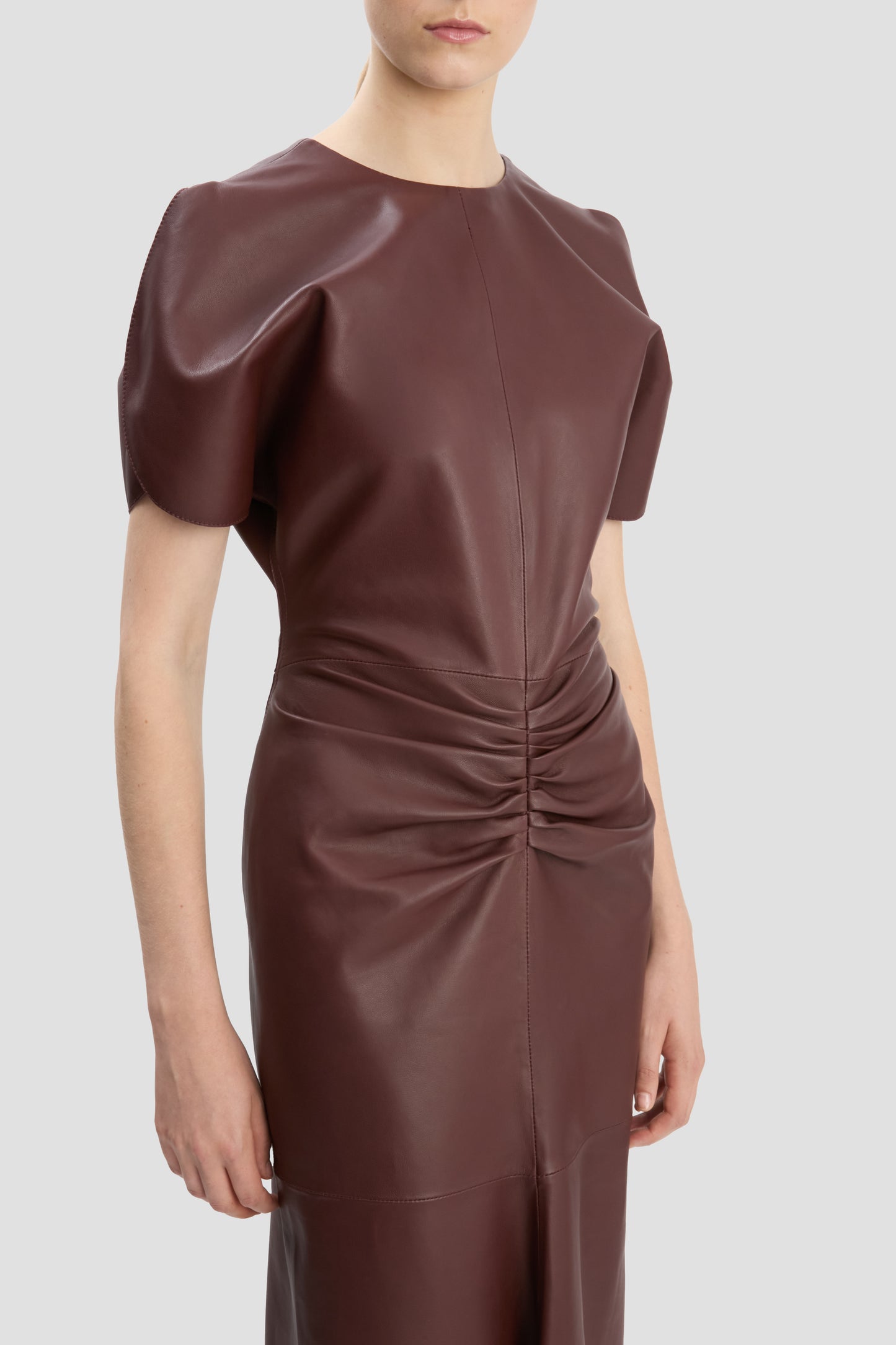 Gathered Waist Midi Dress In Soft Burgundy Leather