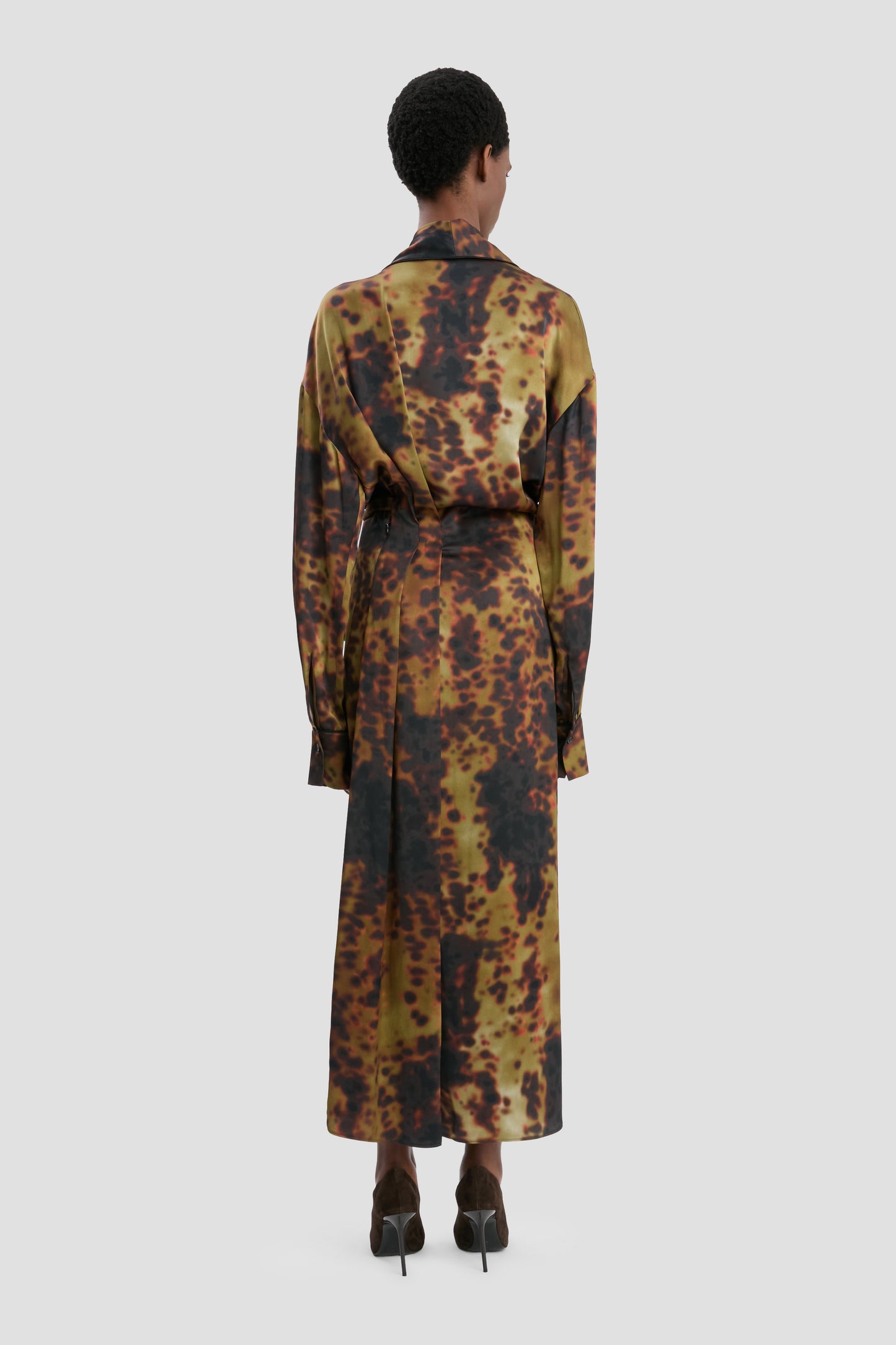 Wrap Detail Midi Dress In Olive Brown Print