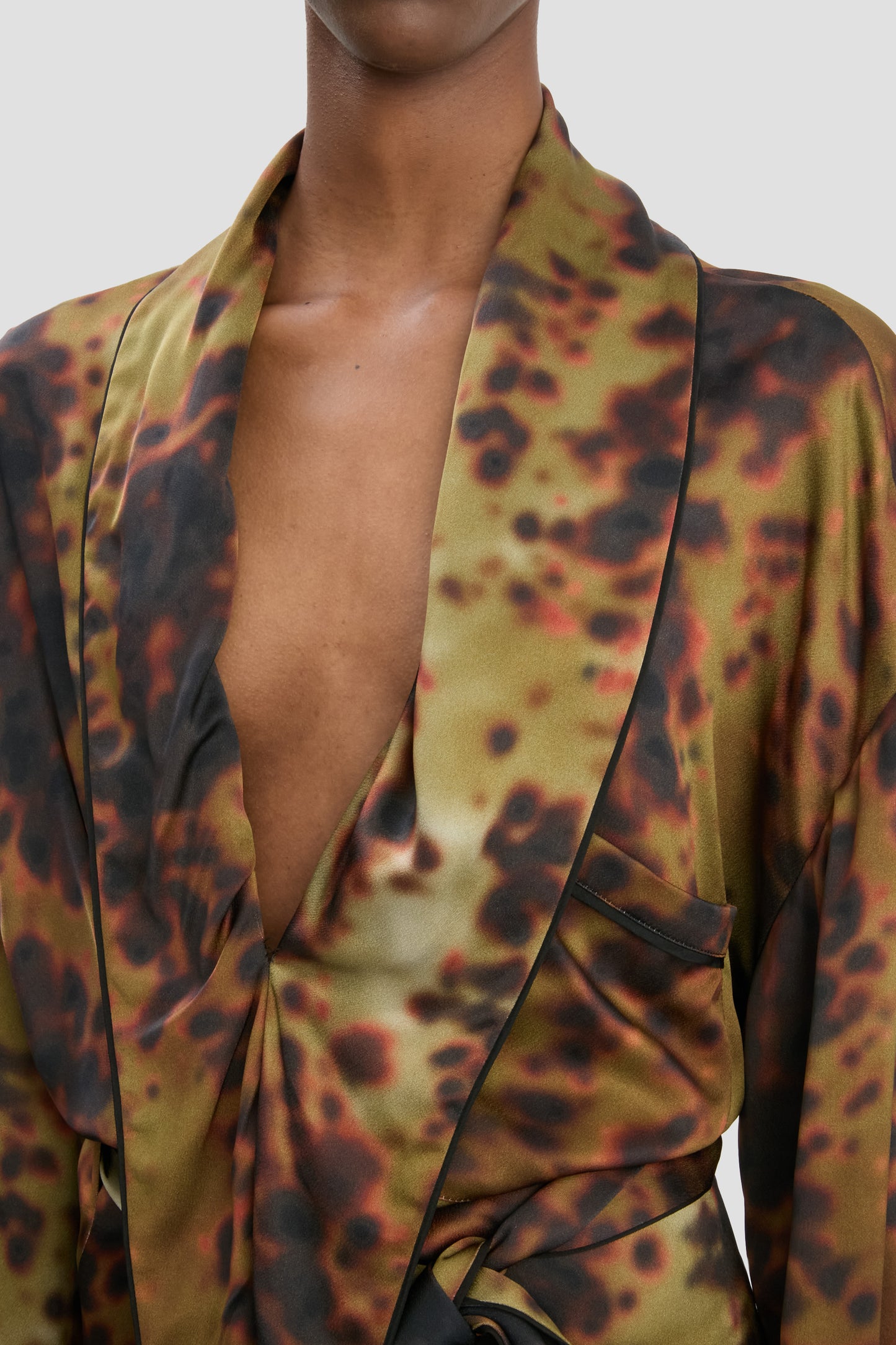 Wrap Detail Midi Dress In Olive Brown Print