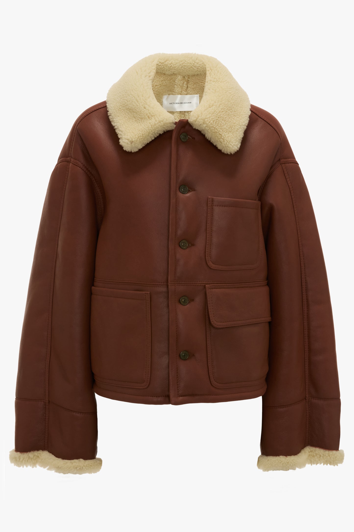 Cropped Shearling Jacket In Brown-Cream