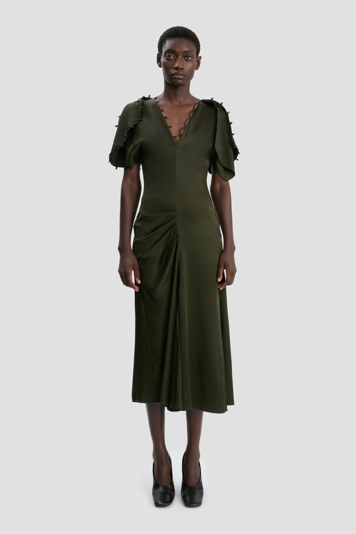 Rouleaux Detail Midi Dress In Dark Olive