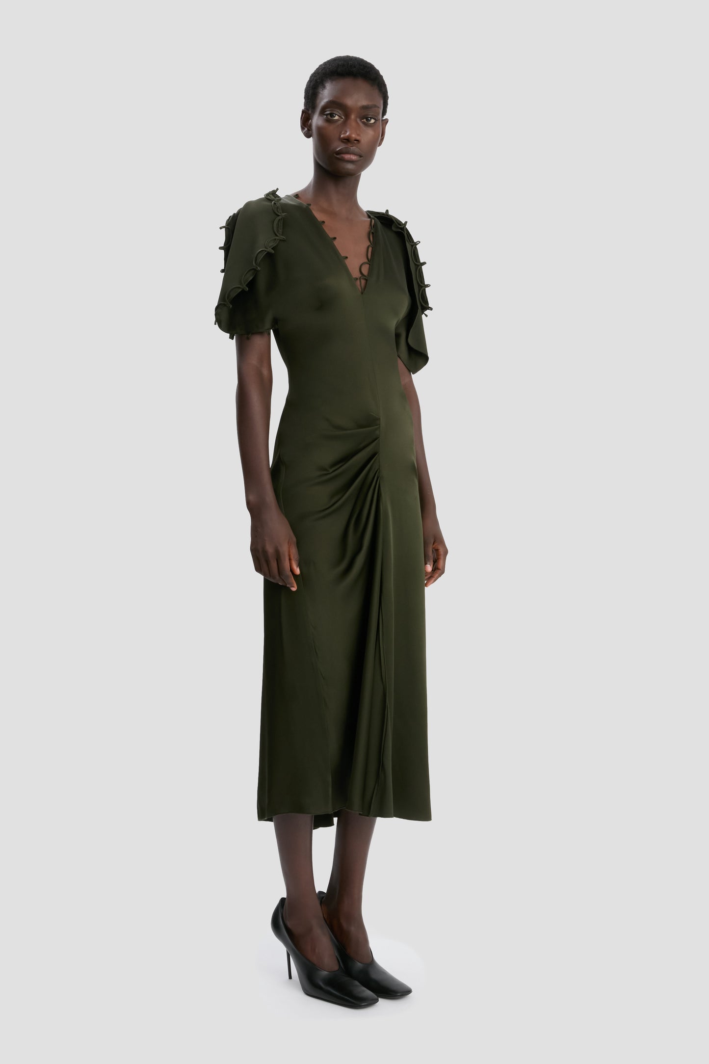 Rouleaux Detail Midi Dress In Dark Olive