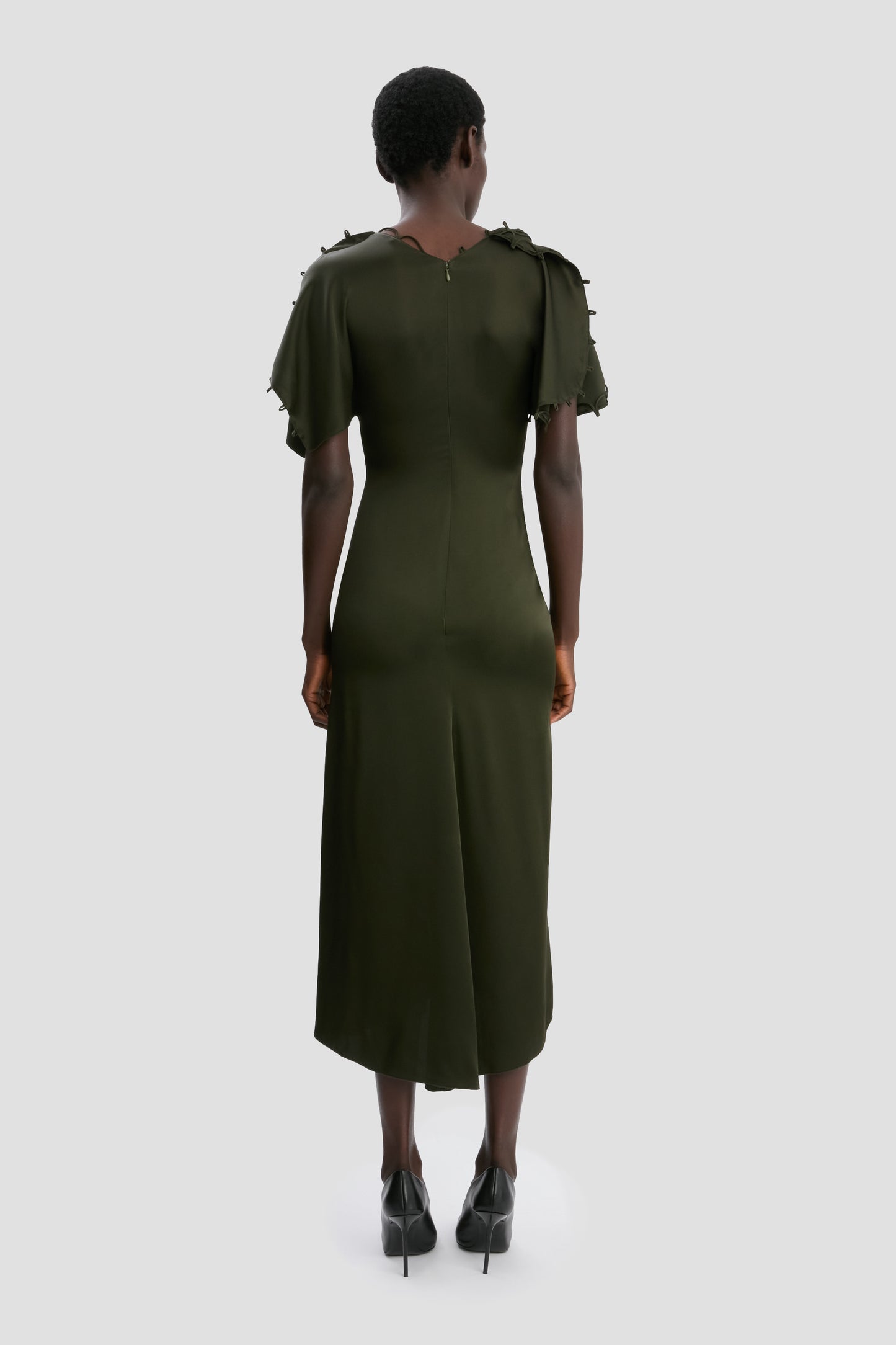 Rouleaux Detail Midi Dress In Dark Olive