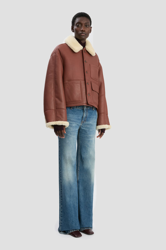 Cropped Shearling Jacket In Brown-Cream