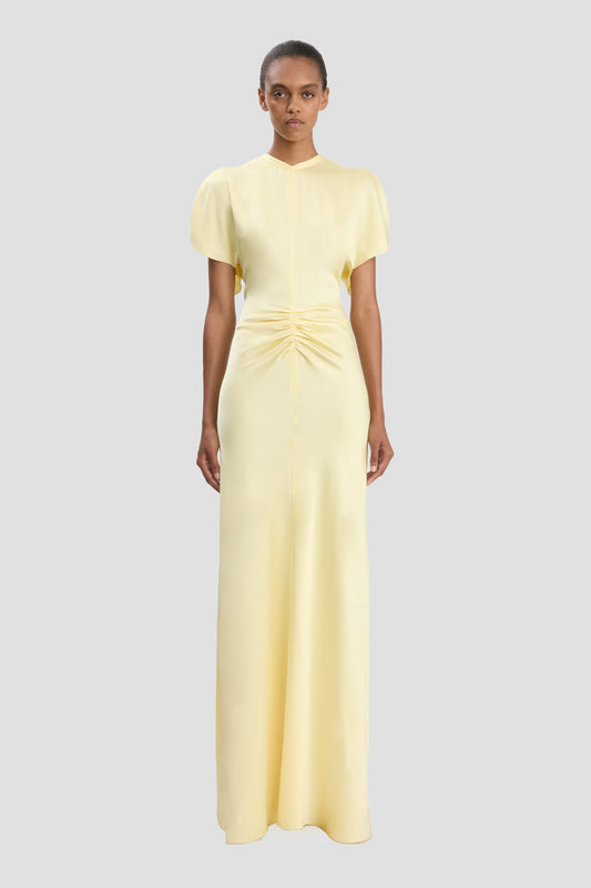 Gathered Waist Floor-Length Dress In Daffodil Yellow