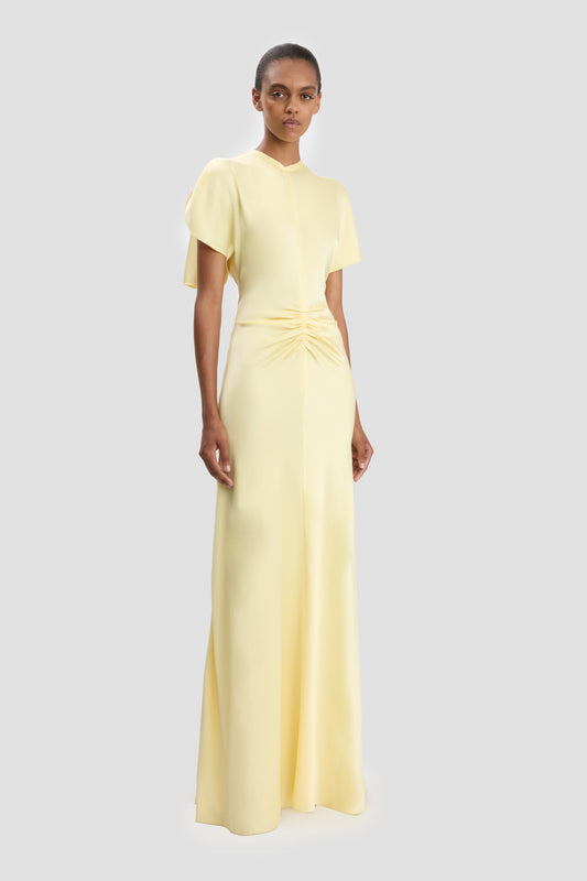 Gathered Waist Floor-Length Dress In Daffodil Yellow