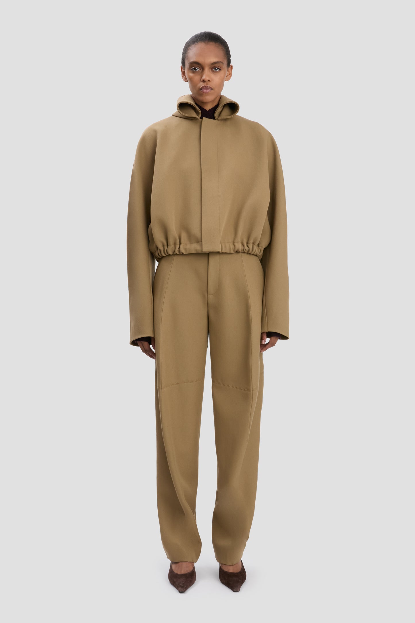 Oversized Roll Neck Bomber Jacket In Dark Camel