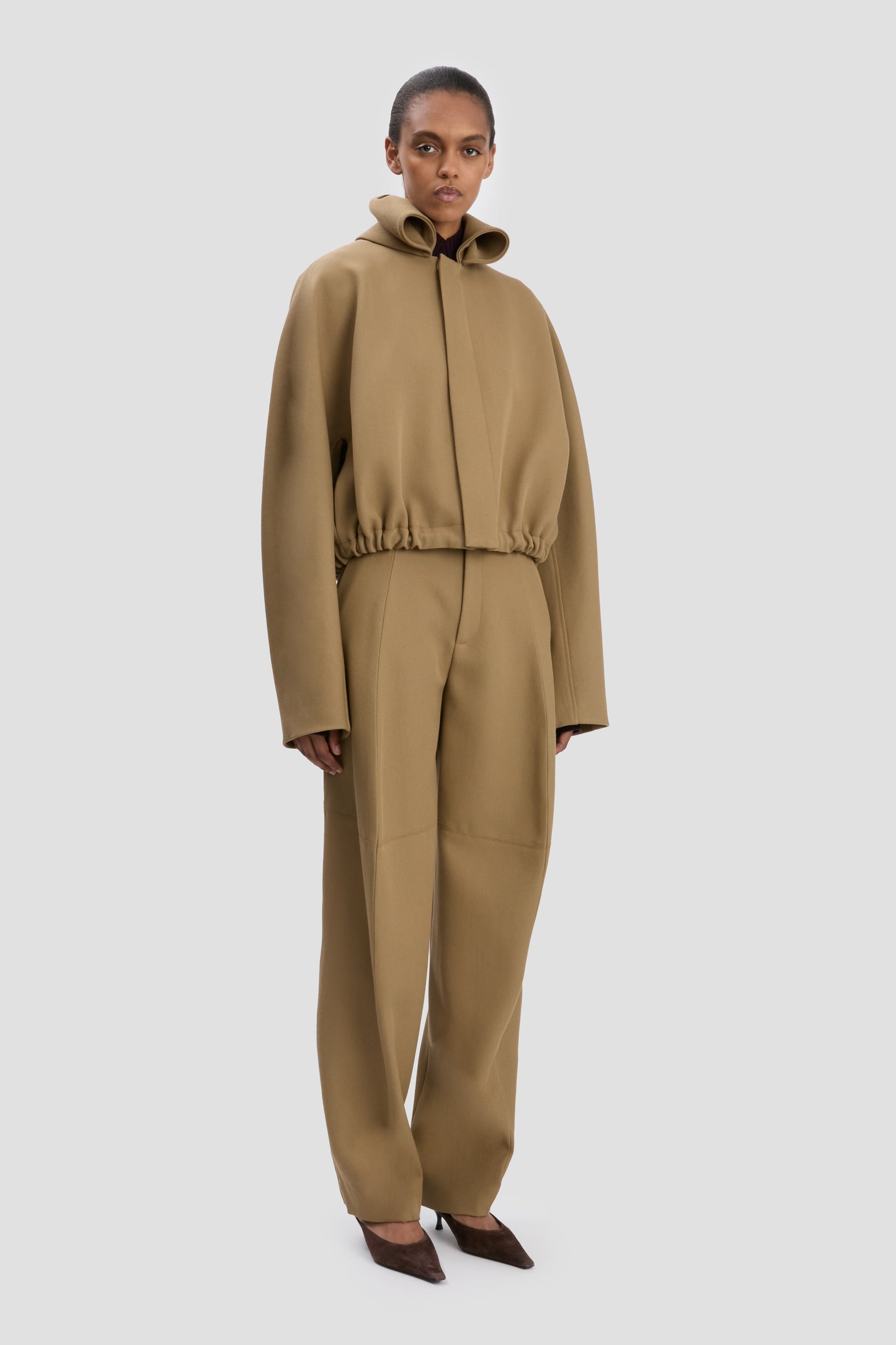 Oversized Roll Neck Bomber Jacket In Dark Camel