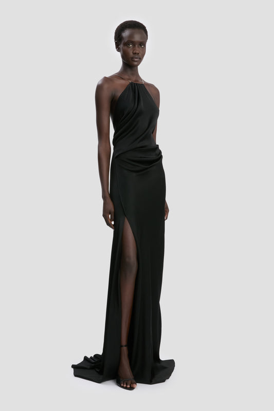 Chain Detail Halter Gown In Black
