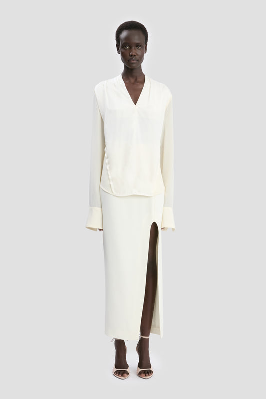 V-Neck Gathered Top In Ivory