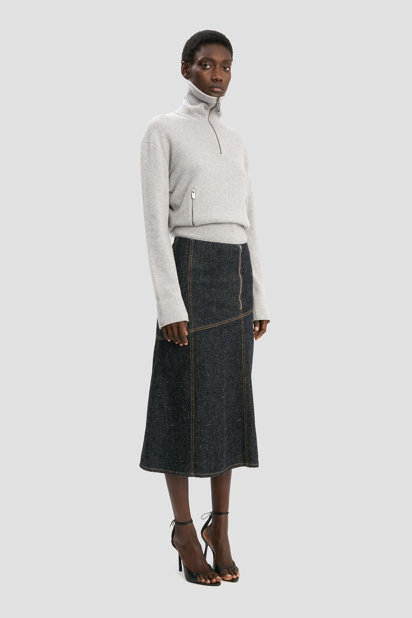 Panelled Denim Midi Skirt In Indigo