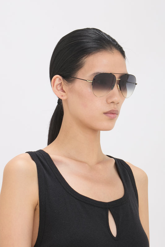 Fine Metal Pilot Sunglasses In Gold Black