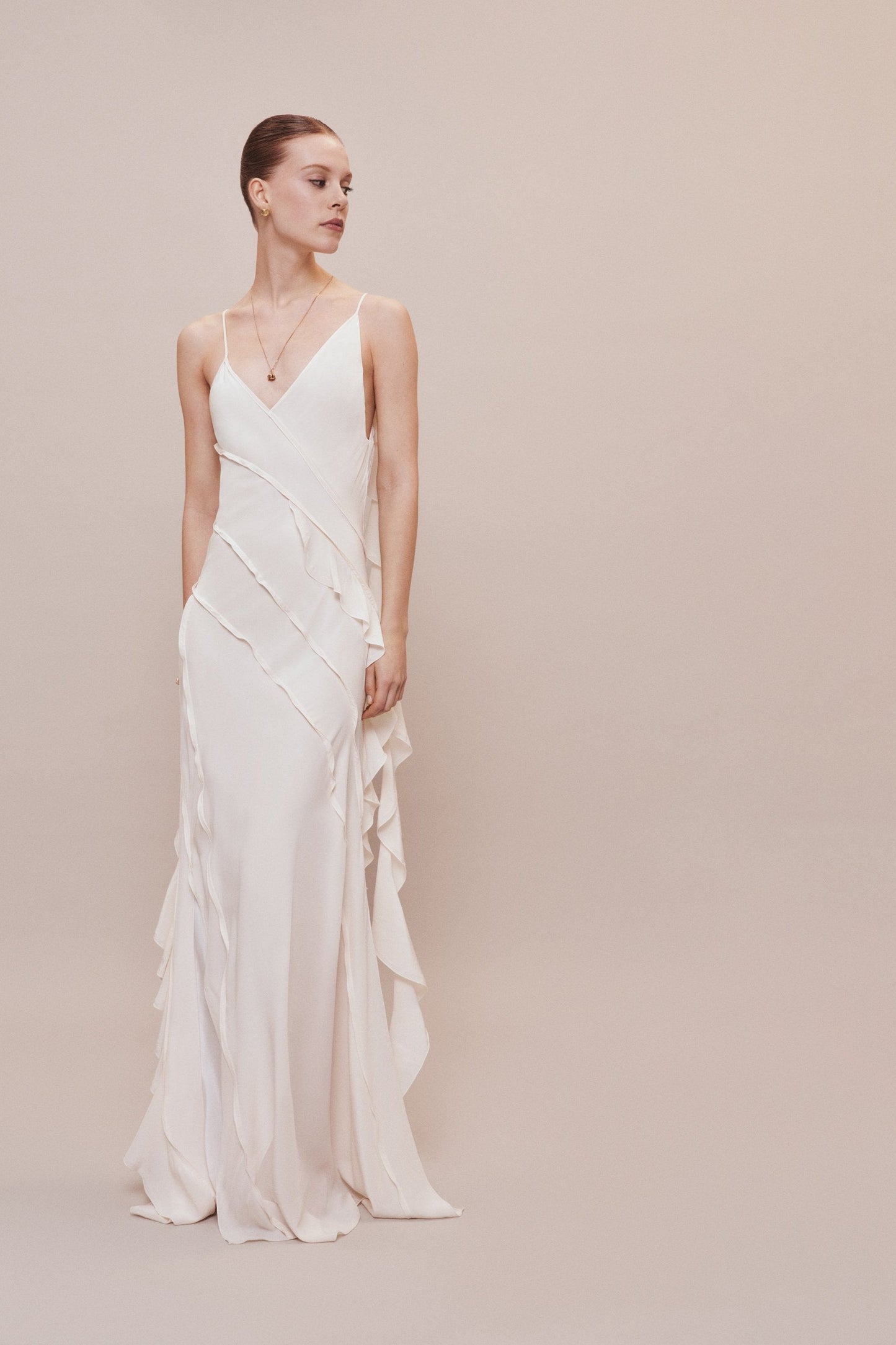 Exclusive Asymmetric Bias Frill Dress In Ivory