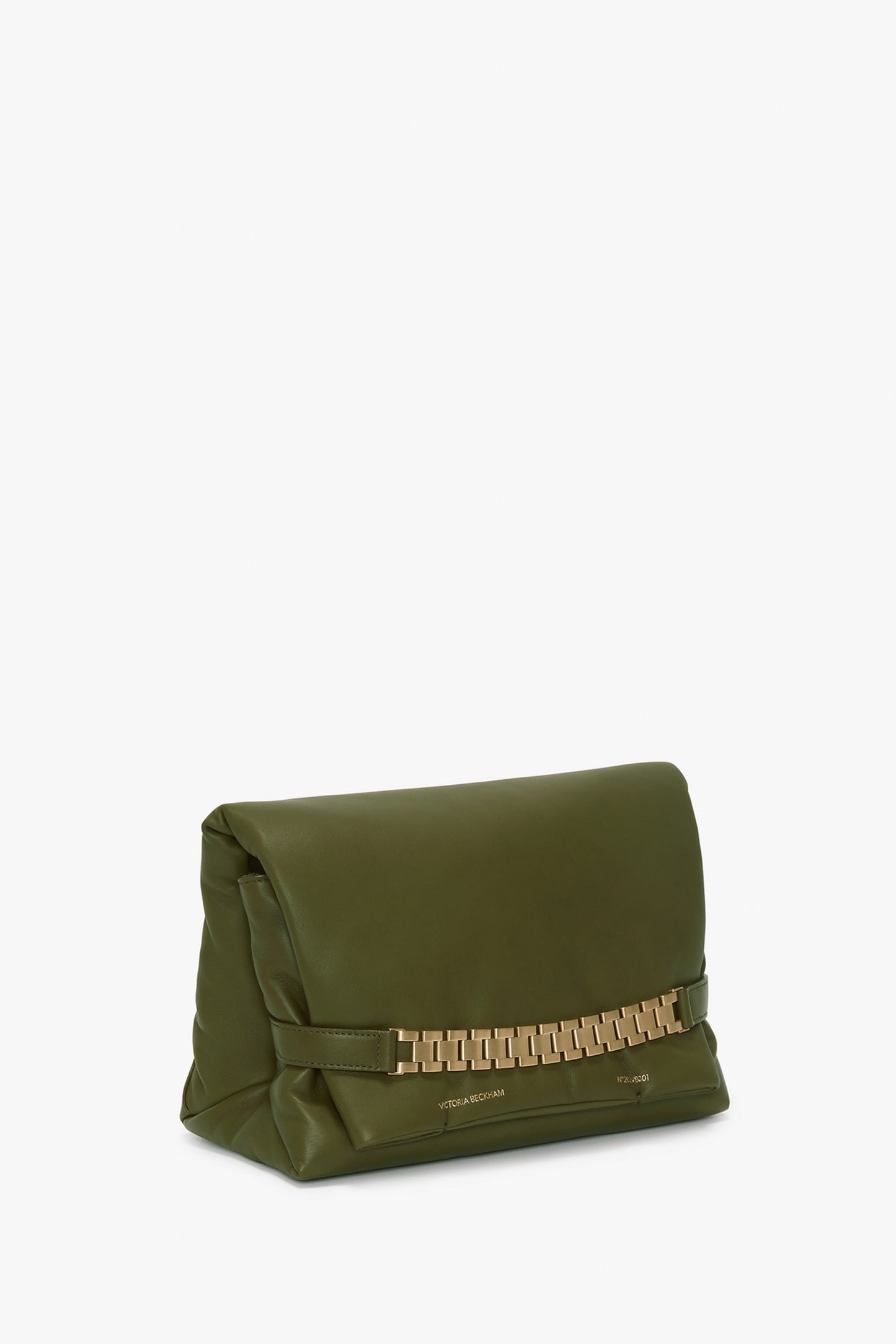 Puffy Chain Pouch With Strap In Khaki Leather