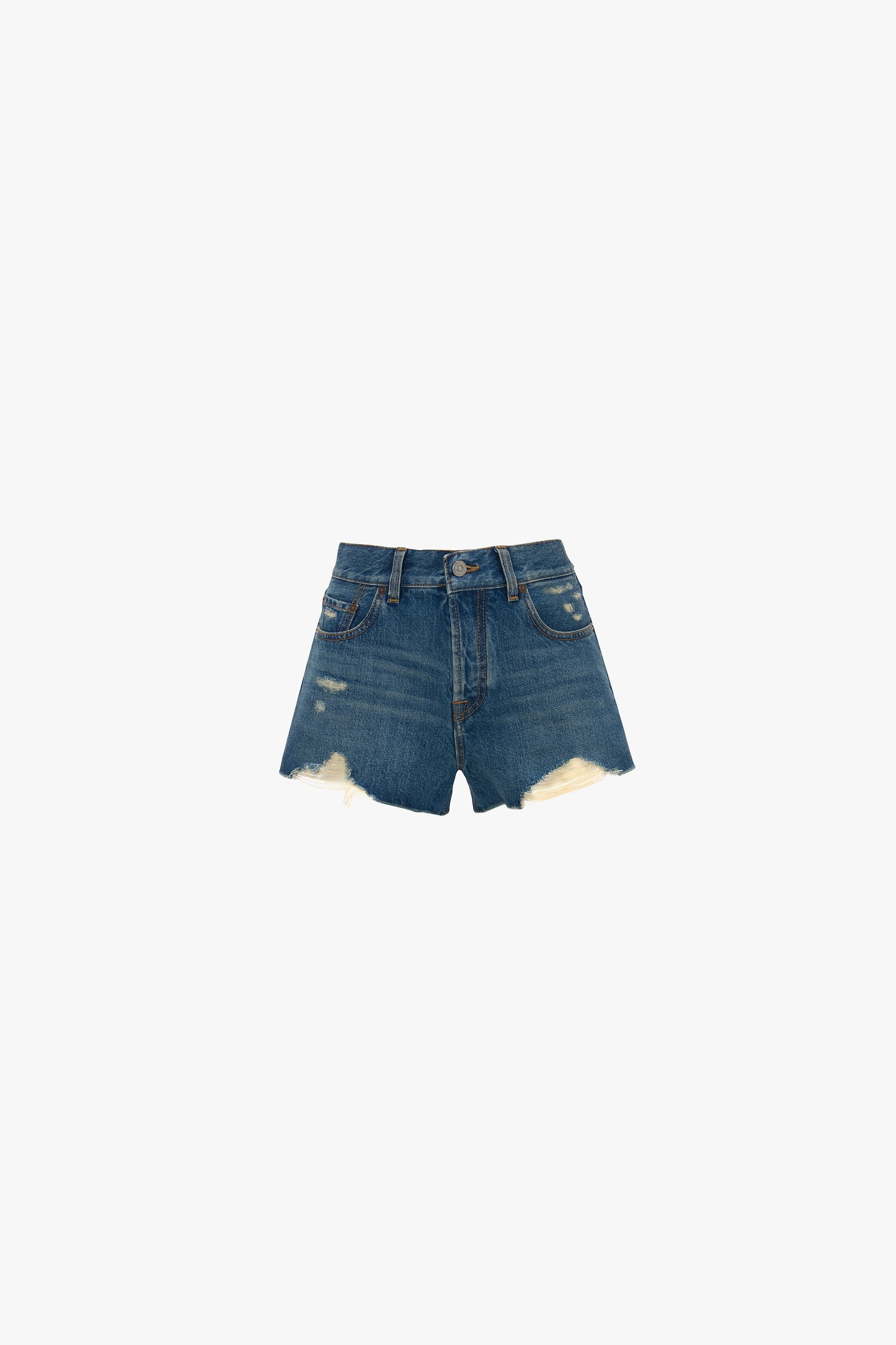 Distressed Shorts In Mid Blue Wash