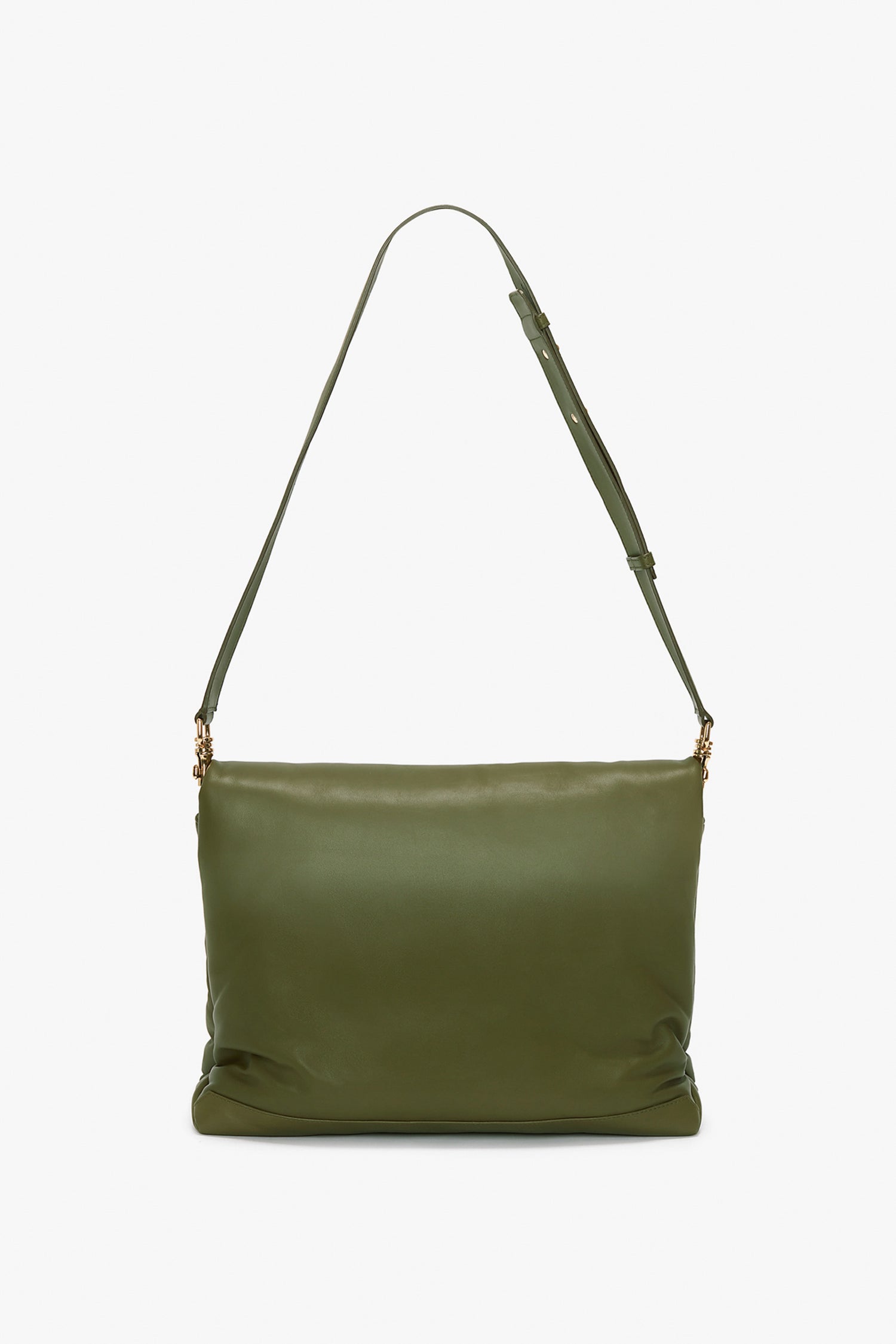 Olive green **Puffy Jumbo Chain Pouch In Khaki Leather** crafted from luxurious sheepskin nappa leather, featuring a puffy jumbo chain pouch and a long, adjustable strap with gold-tone hardware, displayed against a plain white background by **Victoria Beckham**.