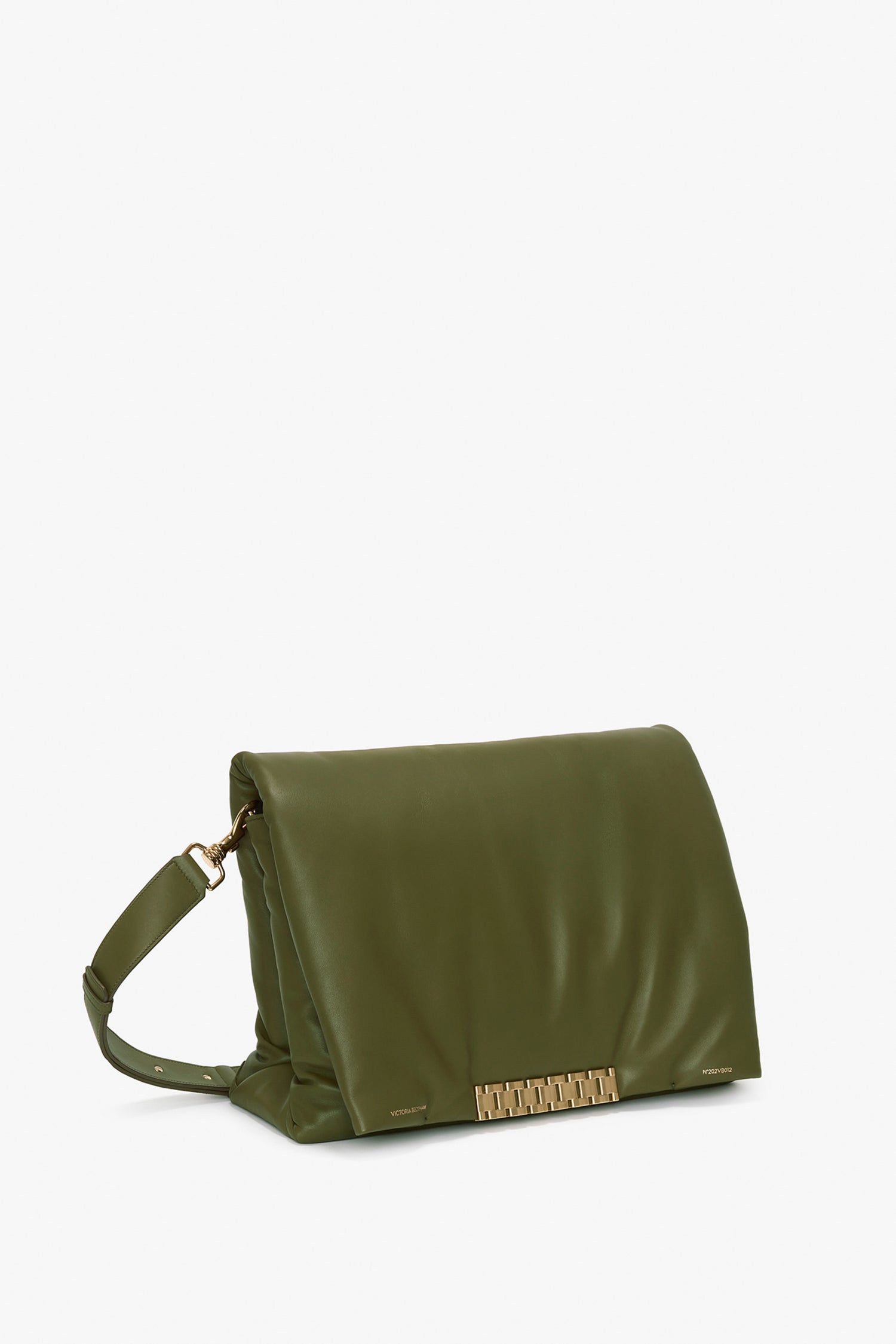 Victoria Beckham Puffy Jumbo Chain Pouch In Khaki Leather with a long adjustable strap and a gold clasp.