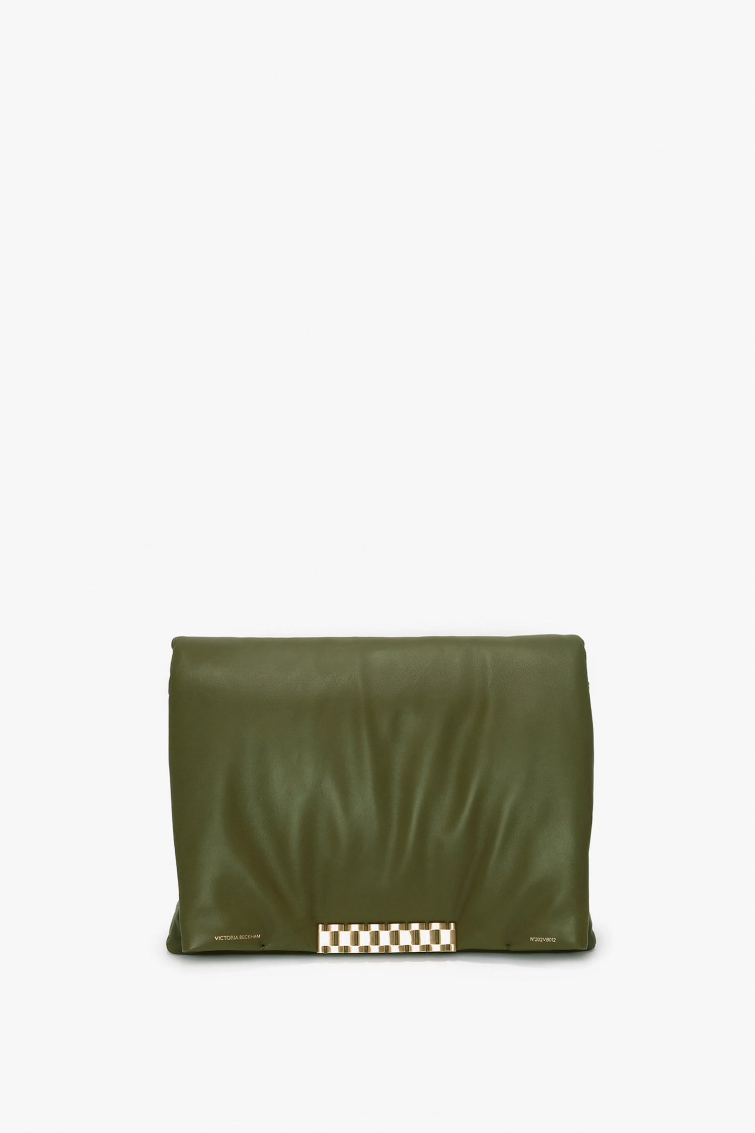 A **Puffy Jumbo Chain Pouch In Khaki Leather** crafted from sheepskin nappa leather with a rectangular woven gold and silver clasp is set against a plain white background. **Victoria Beckham**.