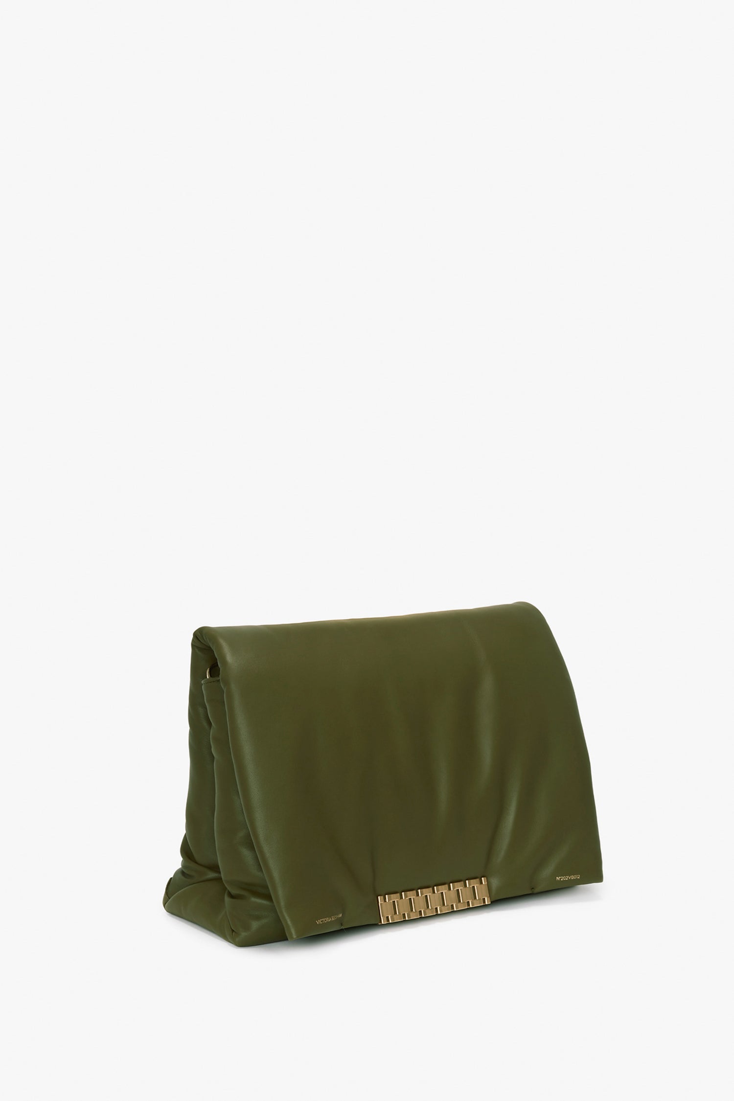 The Victoria Beckham Puffy Jumbo Chain Pouch In Khaki Leather is an olive green, rectangular clutch bag crafted from sheepskin nappa leather with a gold-toned clasp on the lower front and a soft, padded texture.