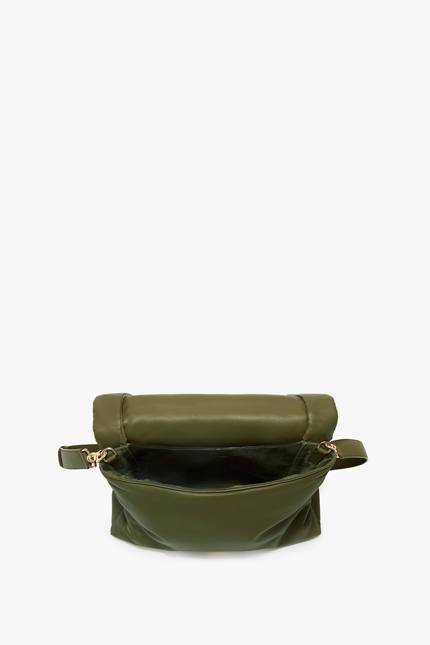 Open Puffy Jumbo Chain Pouch In Khaki Leather from Victoria Beckham with a rolled top handle, an adjustable shoulder strap, and an open main compartment crafted from luxurious sheepskin nappa leather.