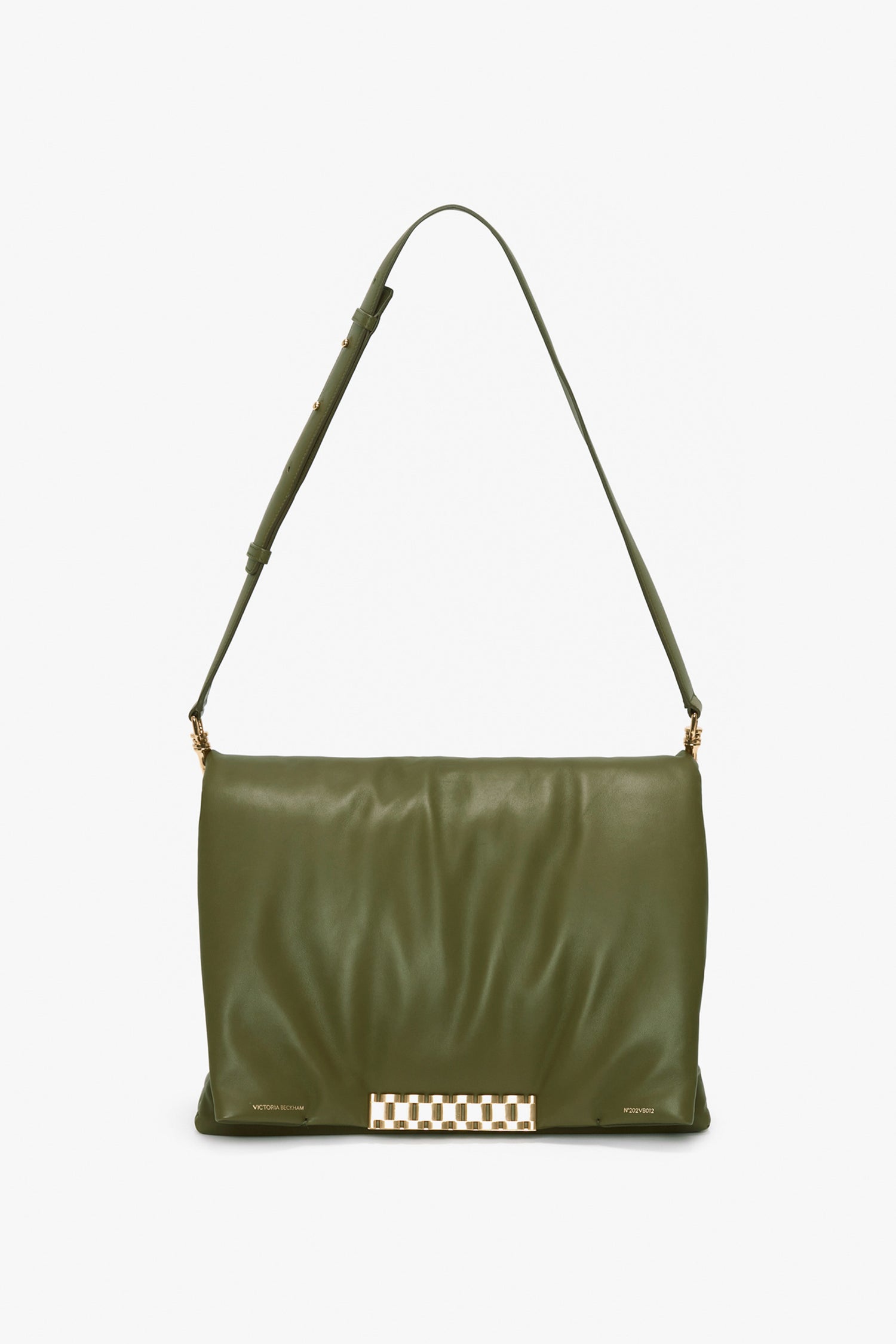 A chic Victoria Beckham Puffy Jumbo Chain Pouch In Khaki Leather with an elegant gold checkered clasp on the front center, featuring an adjustable shoulder strap for versatility.