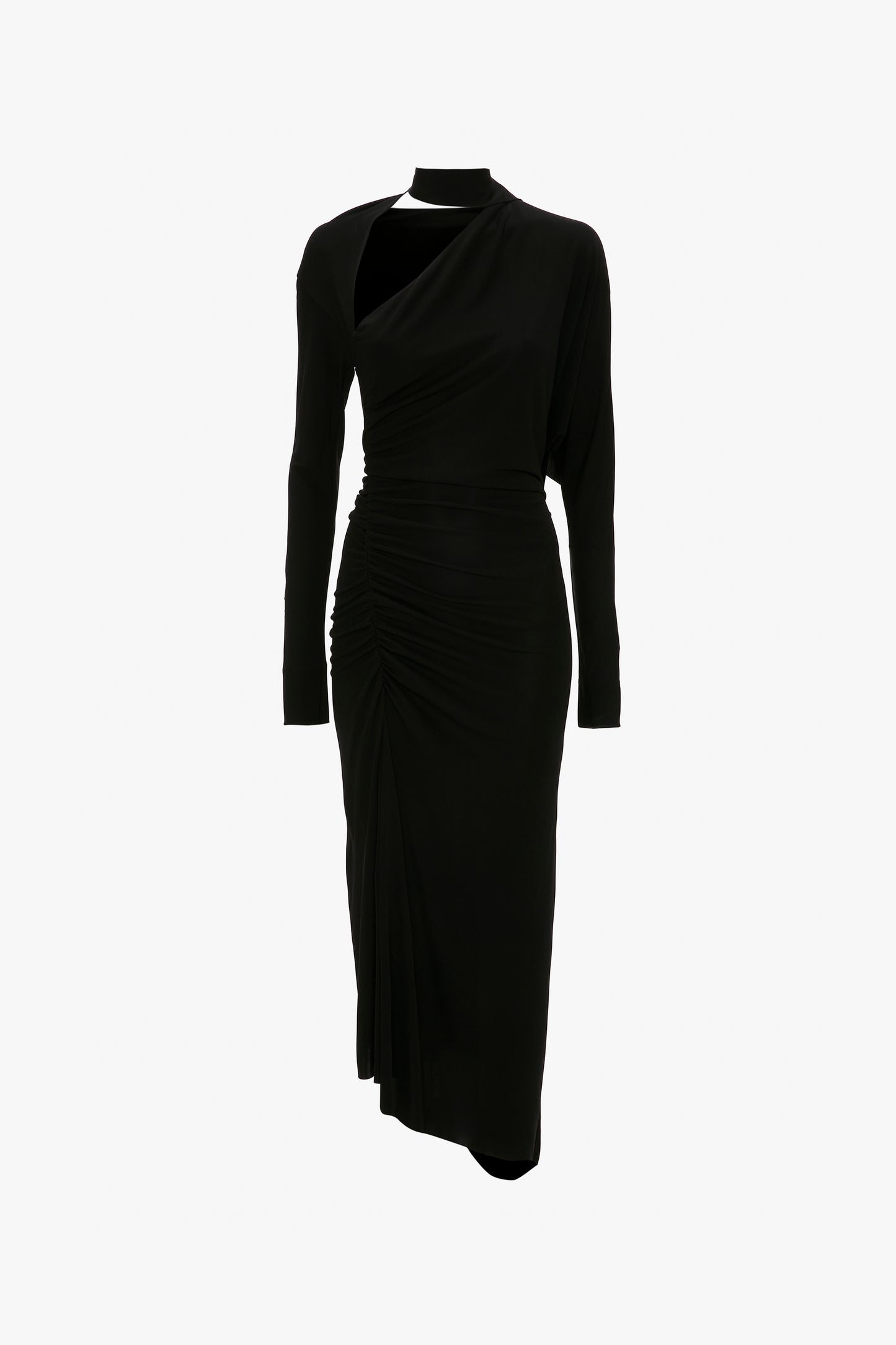 Slash-Neck Ruched Midi Dress In Black
