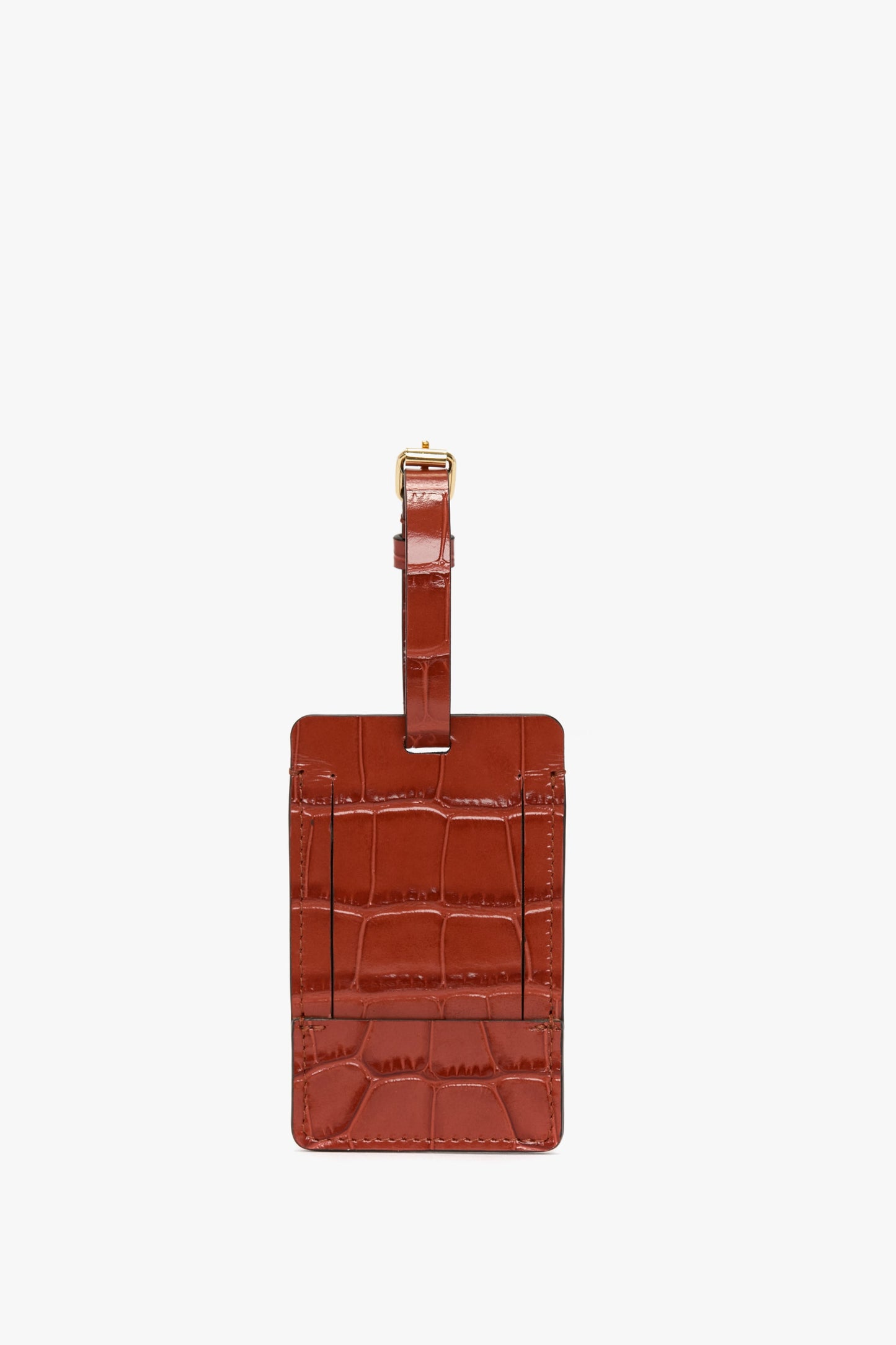 Luggage Tag In Brick Red Croc Embossed Leather