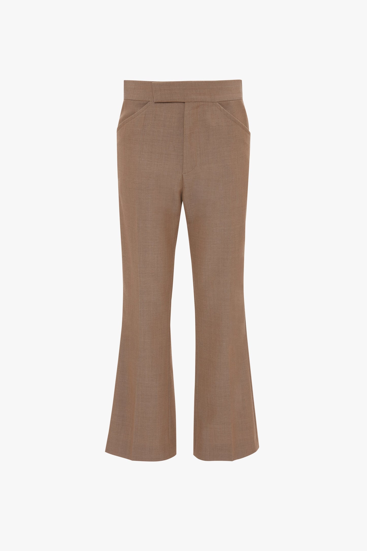 Wide Cropped Flare Trouser In Tobacco by Victoria Beckham, reminiscent of 1970s-inspired trousers. The pants have a waistband and no visible pockets or embellishments, offering a contemporary kick hem. They are set against a solid white background.