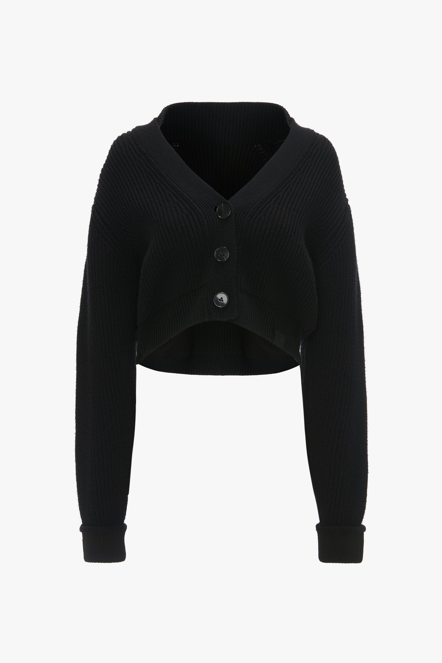 A black Victoria Beckham Cropped V-Neck Cardigan In Black made from compact ribbed knit, featuring long sleeves and three front buttons.