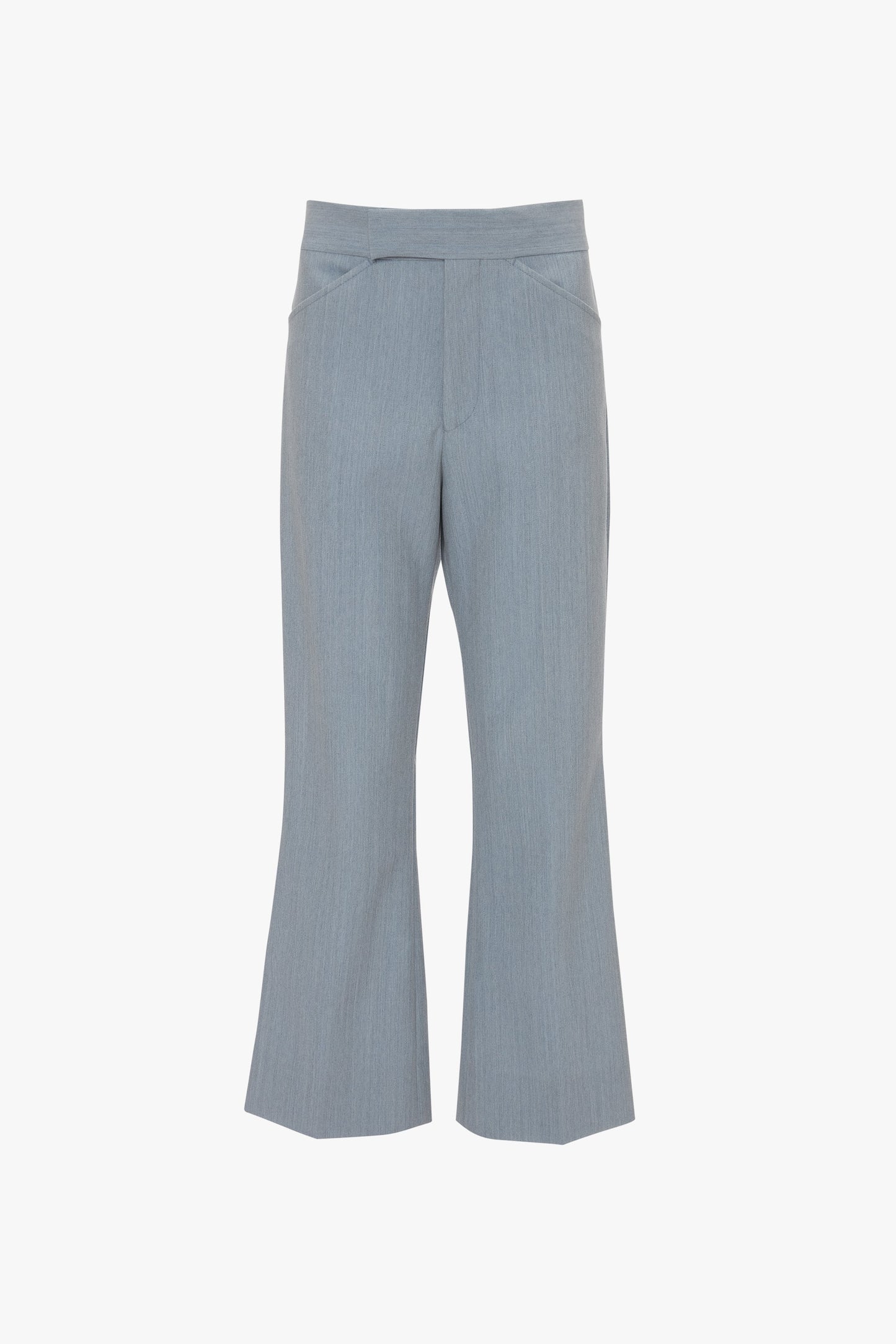 A pair of light gray Exclusive Wide Cropped Flare Trouser In Marina by Victoria Beckham, displayed against a plain white background.