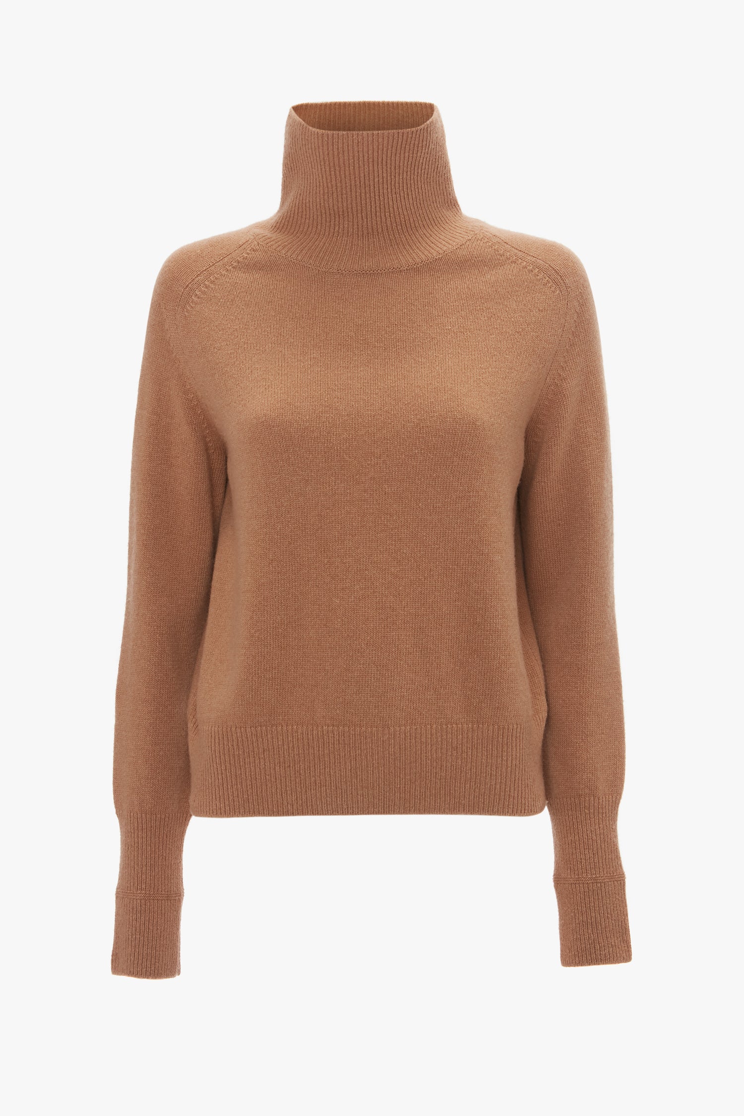 A light brown, lambswool Polo Neck Jumper In Tobacco by Victoria Beckham with a ribbed neckline, cuffs, and hem, epitomizing luxury knitwear. Displayed on a plain white background.