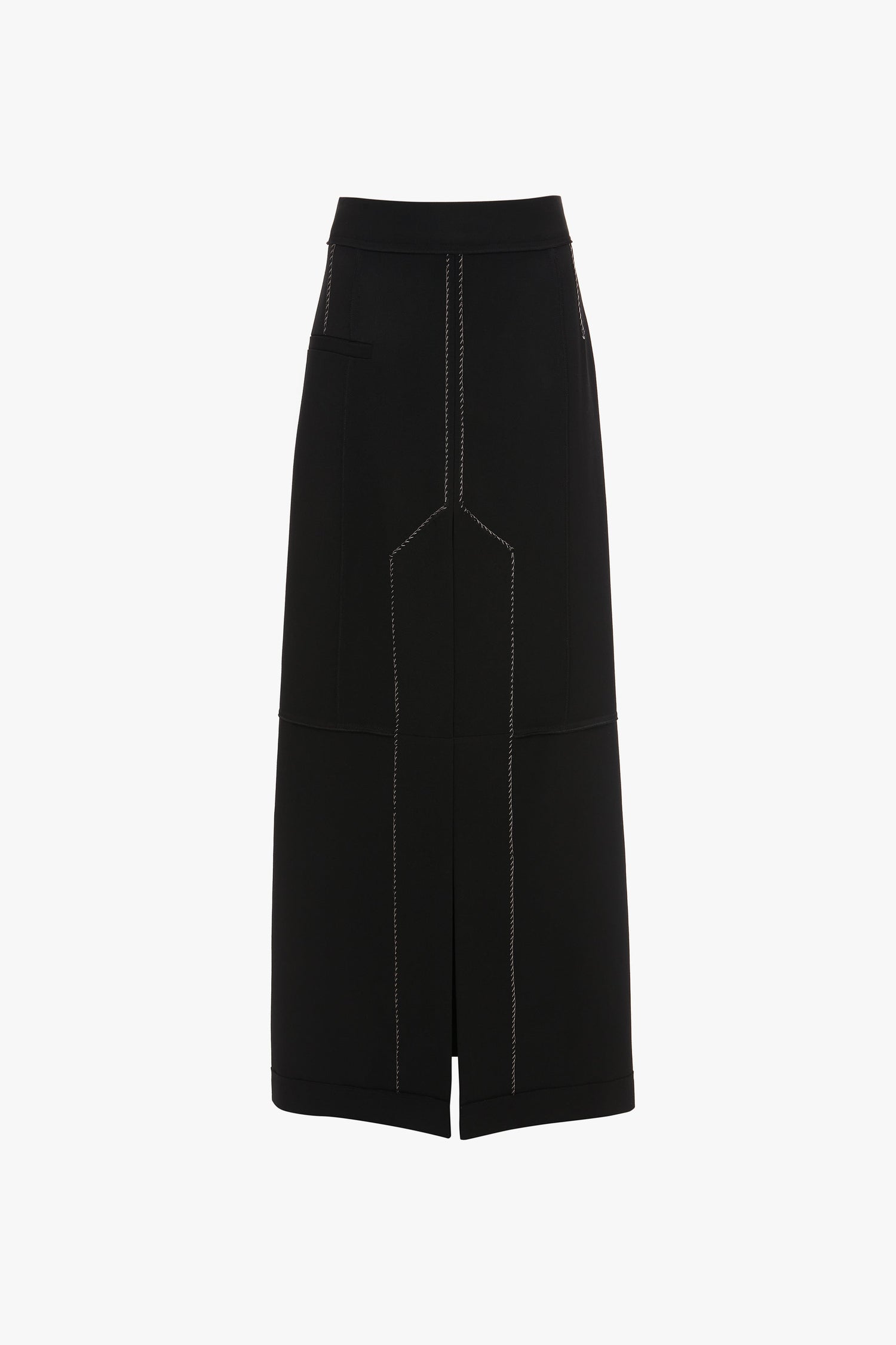 A Deconstructed Floor-Length Skirt In Black by Victoria Beckham with visible stitch detailing, a front slit, and a subtle box pleat detail.