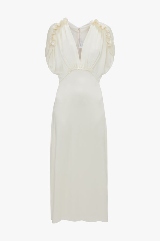 An Exclusive V-Neck Ruffle Midi Dress In Ivory with short, frilled sleeves and a V-neckline, reminiscent of Victoria Beckham's elegant designs, displayed on a white background.