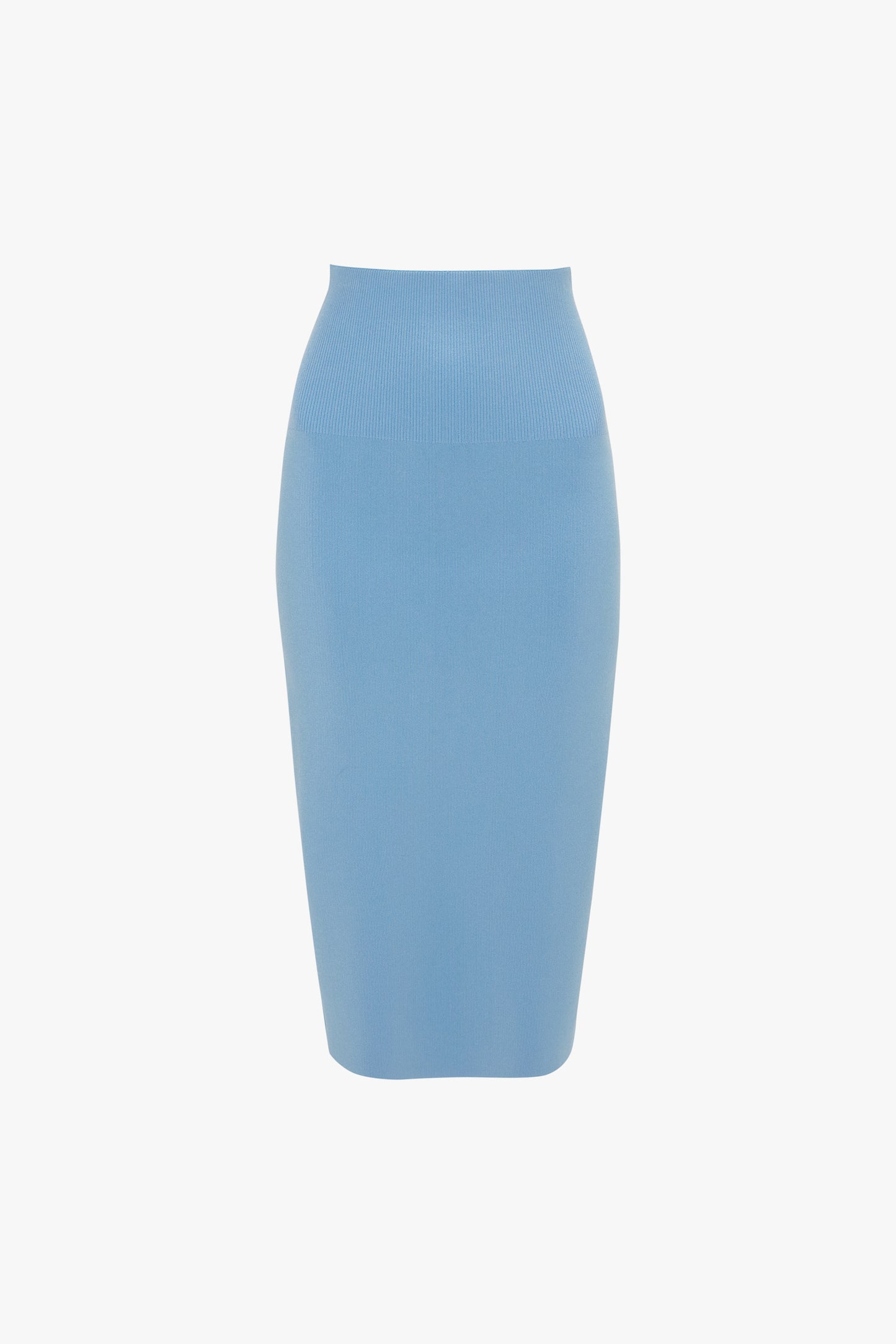 An image of a light blue, knee-length Fitted Midi Skirt In Marina by Victoria Beckham, displayed on a plain white background. The skirt, crafted from a compact knit fabric, features a high waistband and a fitted silhouette, offering contemporary polish.